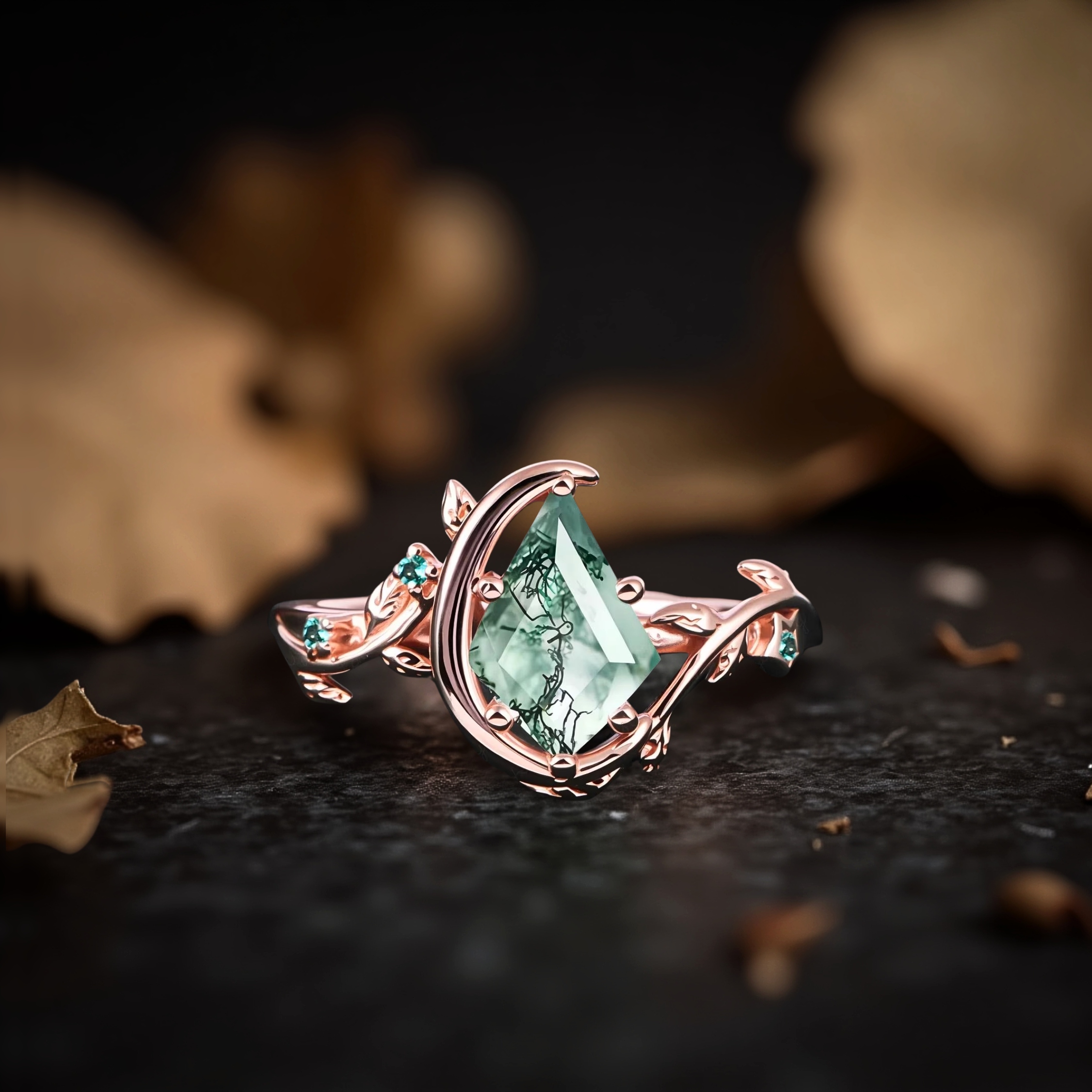 Vintage Kite Moss Agate Engagement Ring Set 14k Solid Gold Leaf Women Moon Green Gemstone Ring Bridal Set Promise Ring Anniversary Gift