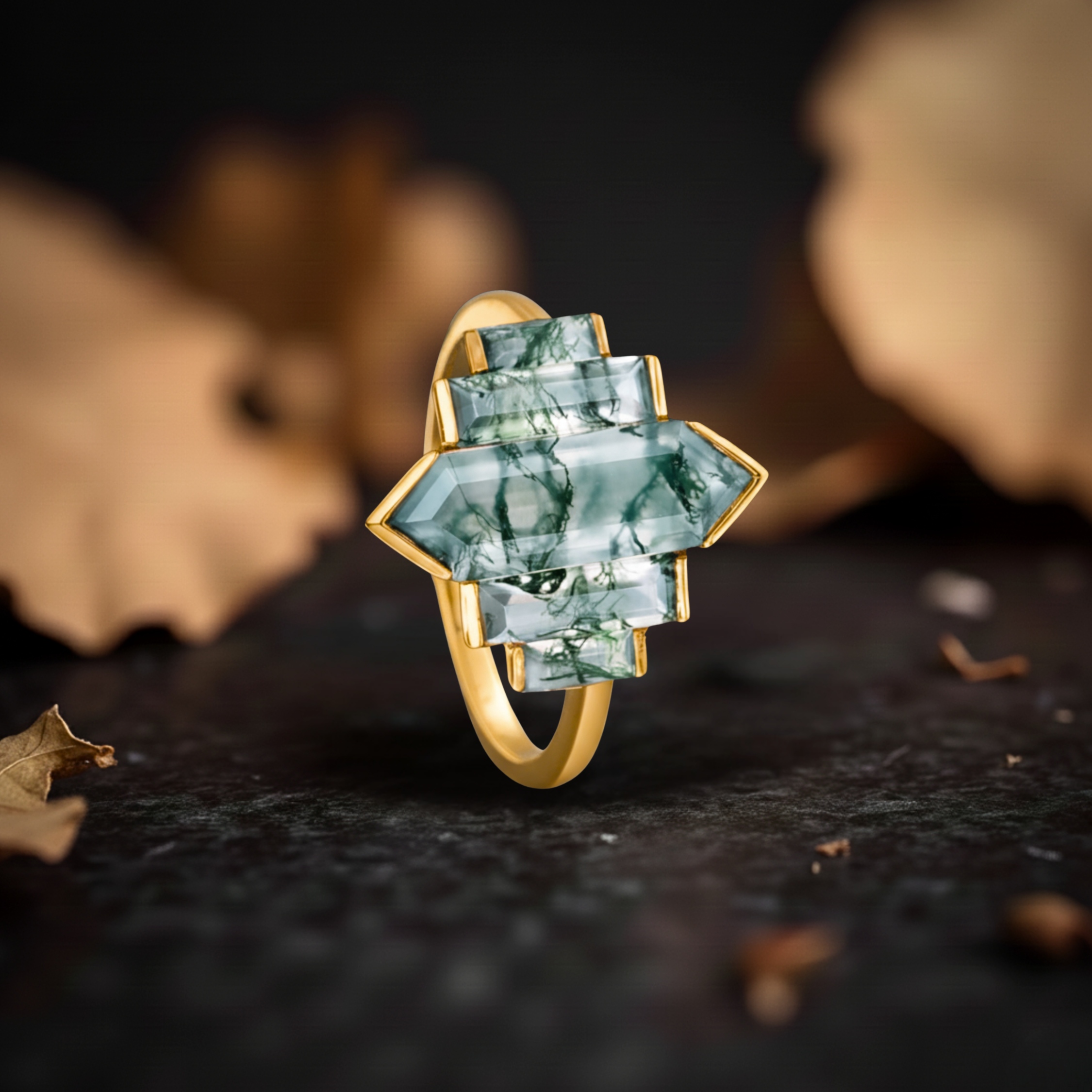 Vintage Long Hexagon Moss Agate Ring, 14K Solid Gold Green Gemstone Wedding Ring, Bridal Jewelrsign with crescent moon and diamond accents.