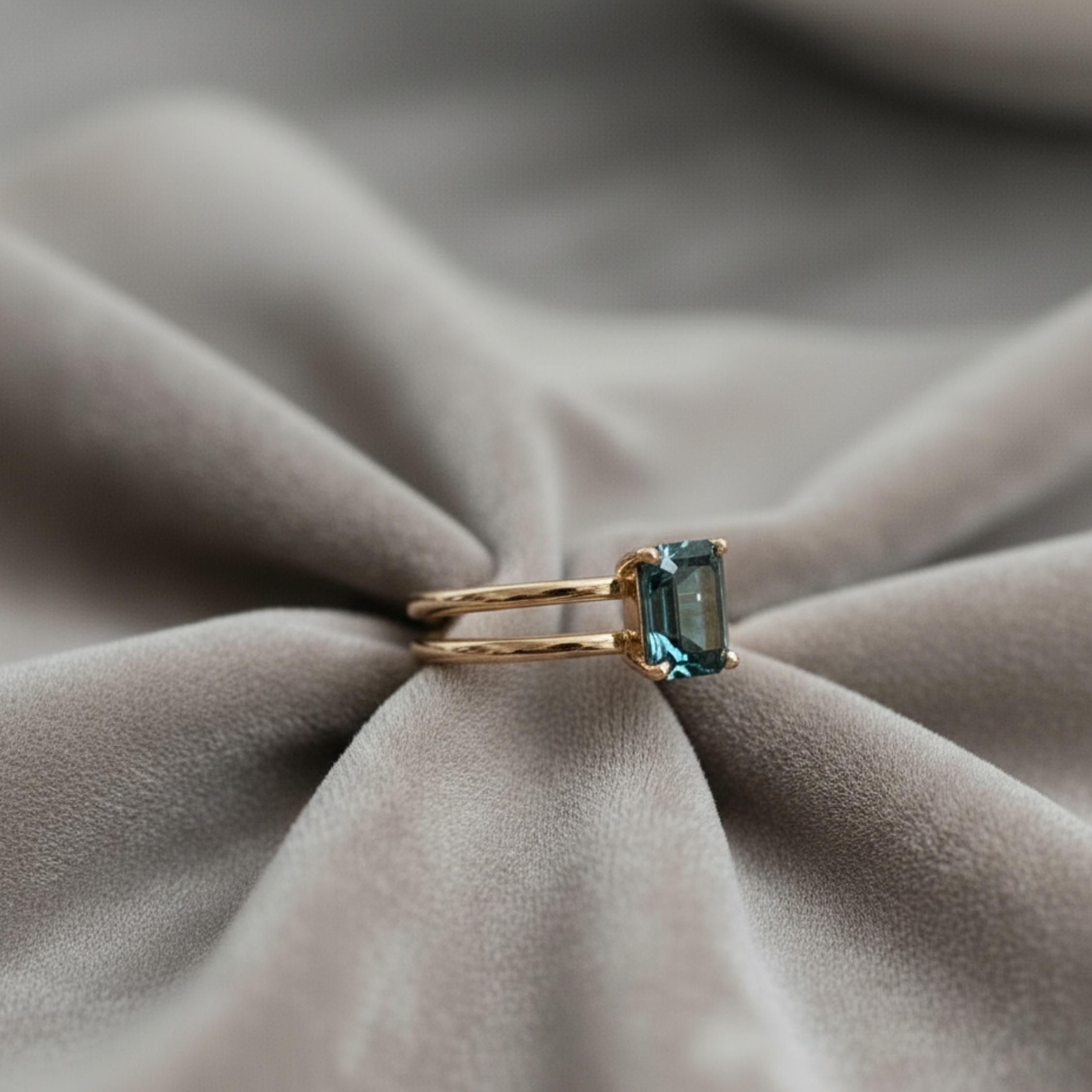 Unique Teal Sapphire Emerald Cut Engagement Ring, Vintage 14k Solid Gold Solitaire Double Band Bridal Wedding Ring, Art Deco Promise Ring
