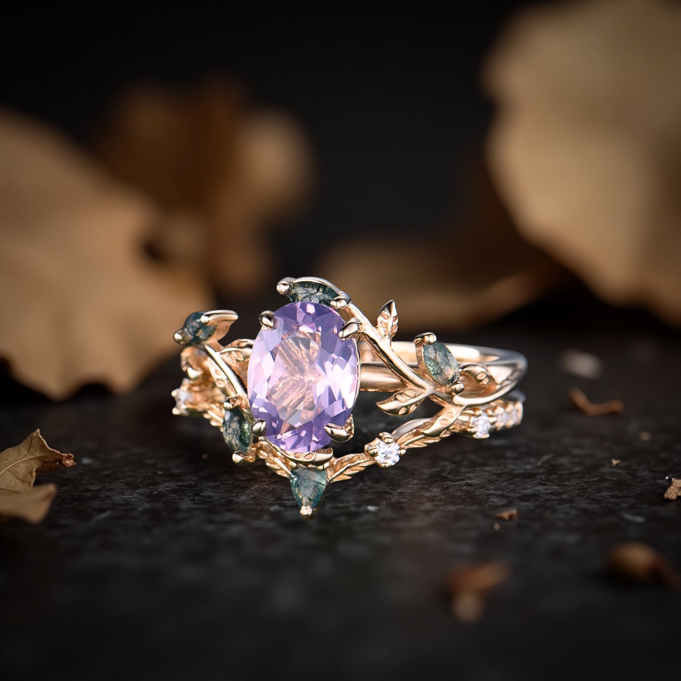 Vintage Nature Inspired Oval Cut Lavender Amethyst Engagement Ring, 14k Solid Gold Cluster leaf Bridal Wedding Ring Set, Gift For Women