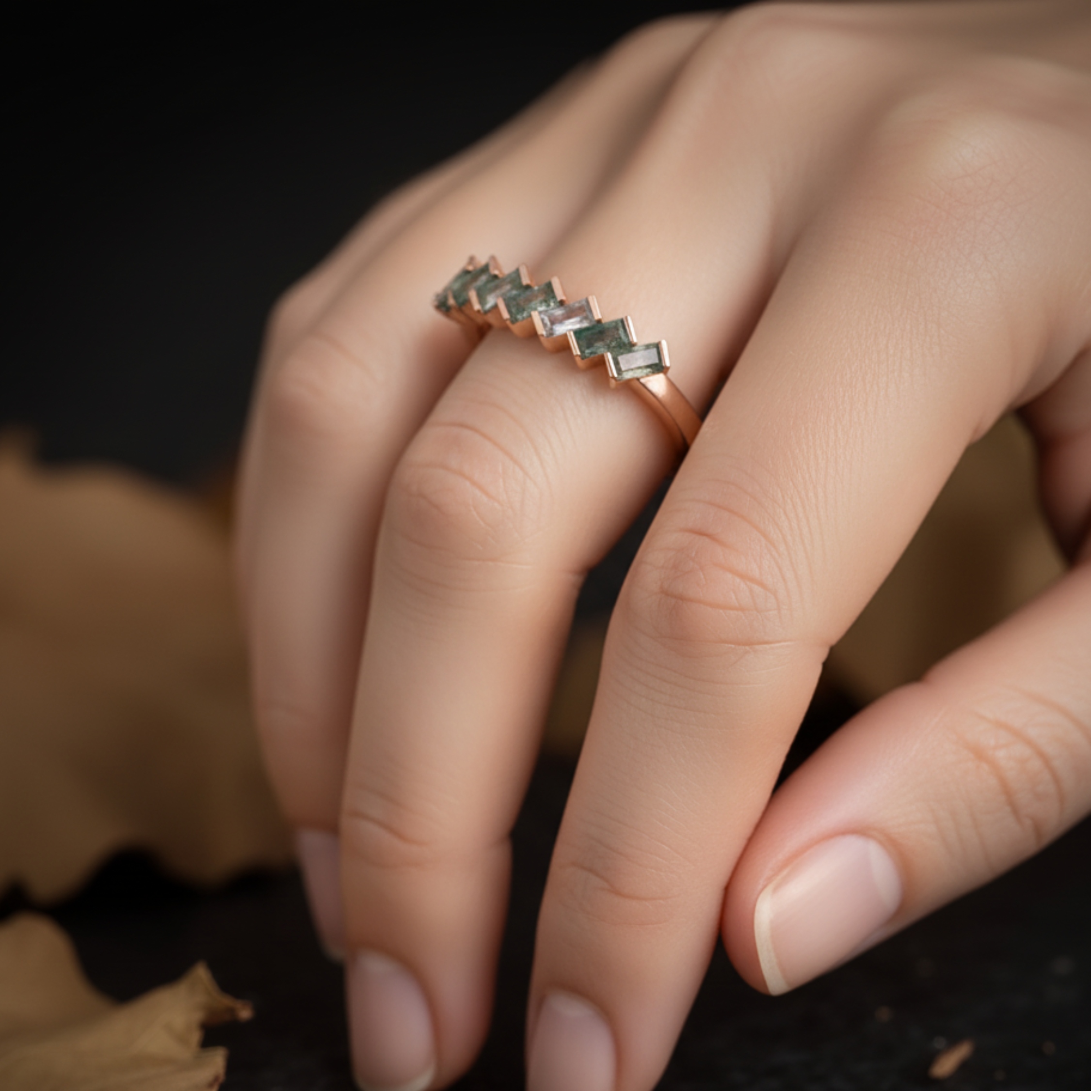 Vintage Baguette Cut Moss Agate Wedding Band Unique Rose Gold Engagement Ring Minimalist Half Eternity Bridal Matching Promise Band For Her