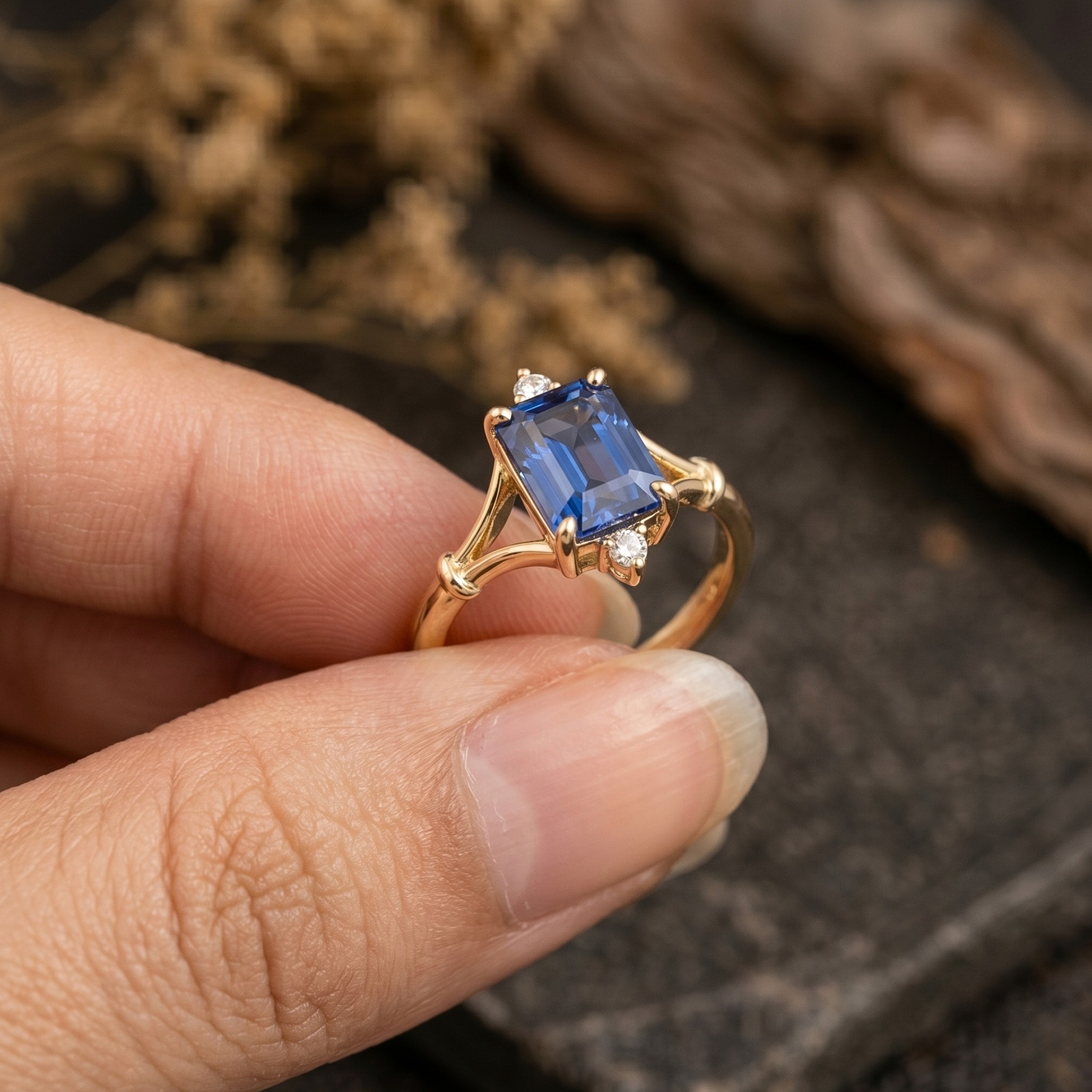 Emerald Cut Sapphire Wedding Ring, Natural Sapphire Moissanite Engagement Ring Real Vintage Bridal Jewelry, Anniversary Birthday Luxury Gift