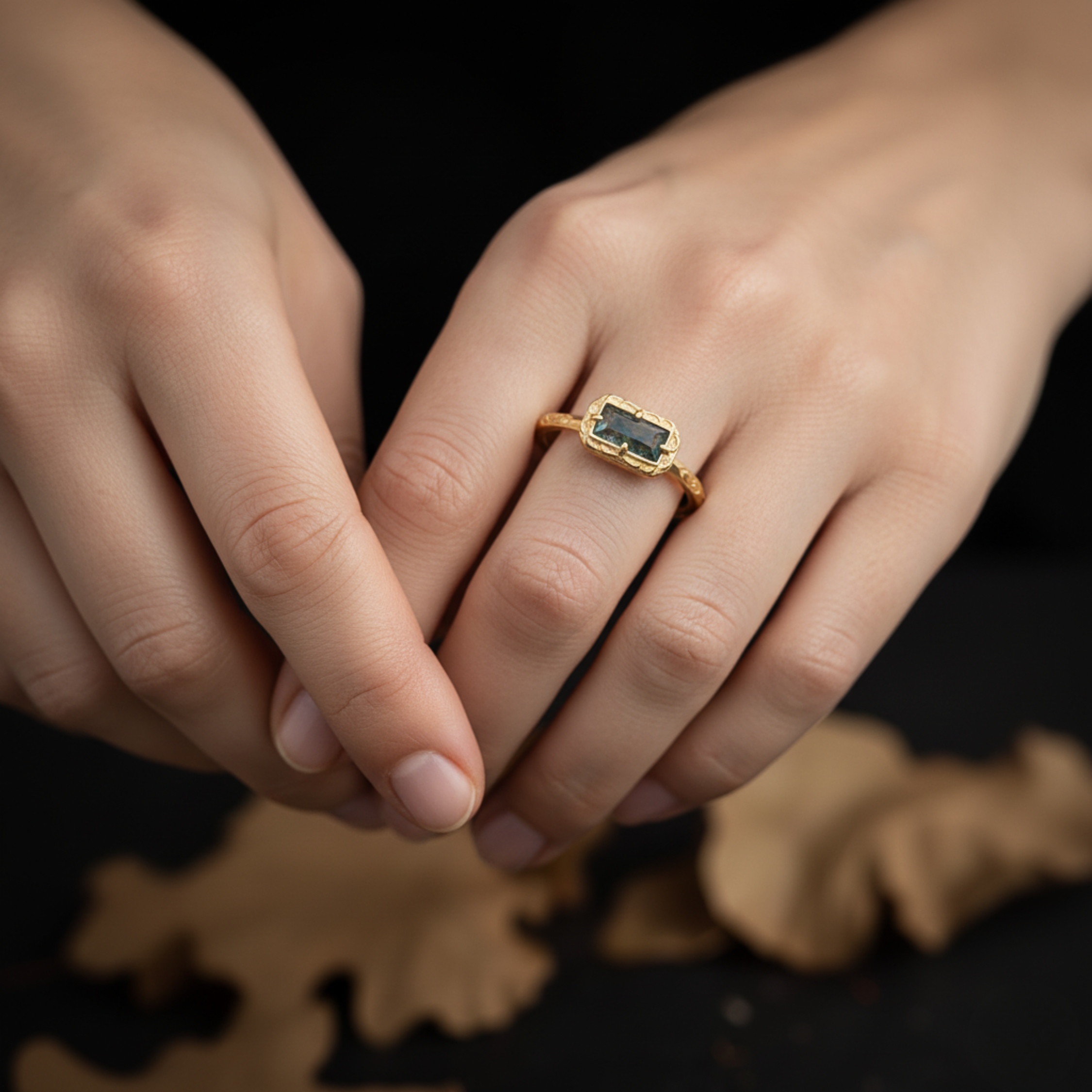 Baguette Moss Agate Wedding Ring, Baguette Cut Agate Vintage Ring, Promise Engagement Ring, Bridal Jewelry Anniversary Birthday Gift for Her