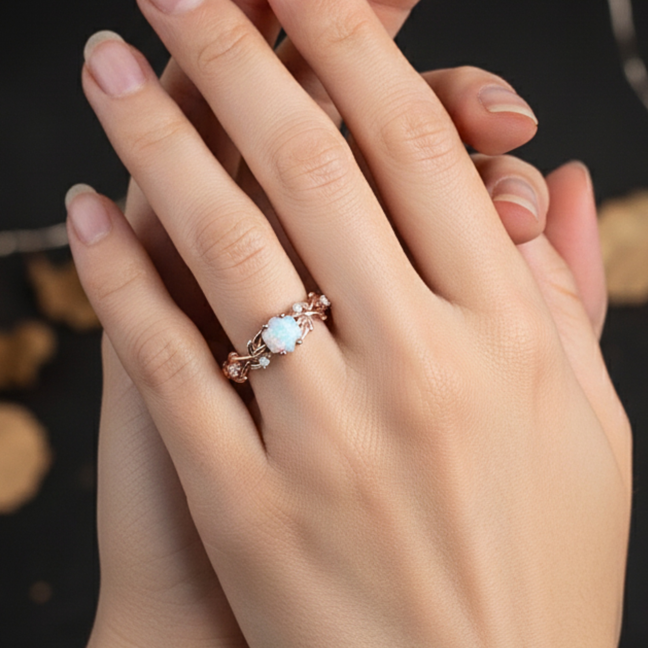 Vintage Hexagon Cut Twig Opal Engagement Ring, White Opal Gold Leaf Ring, October Birthstone Ring, Promise Ring, Anniversary Gift For Women