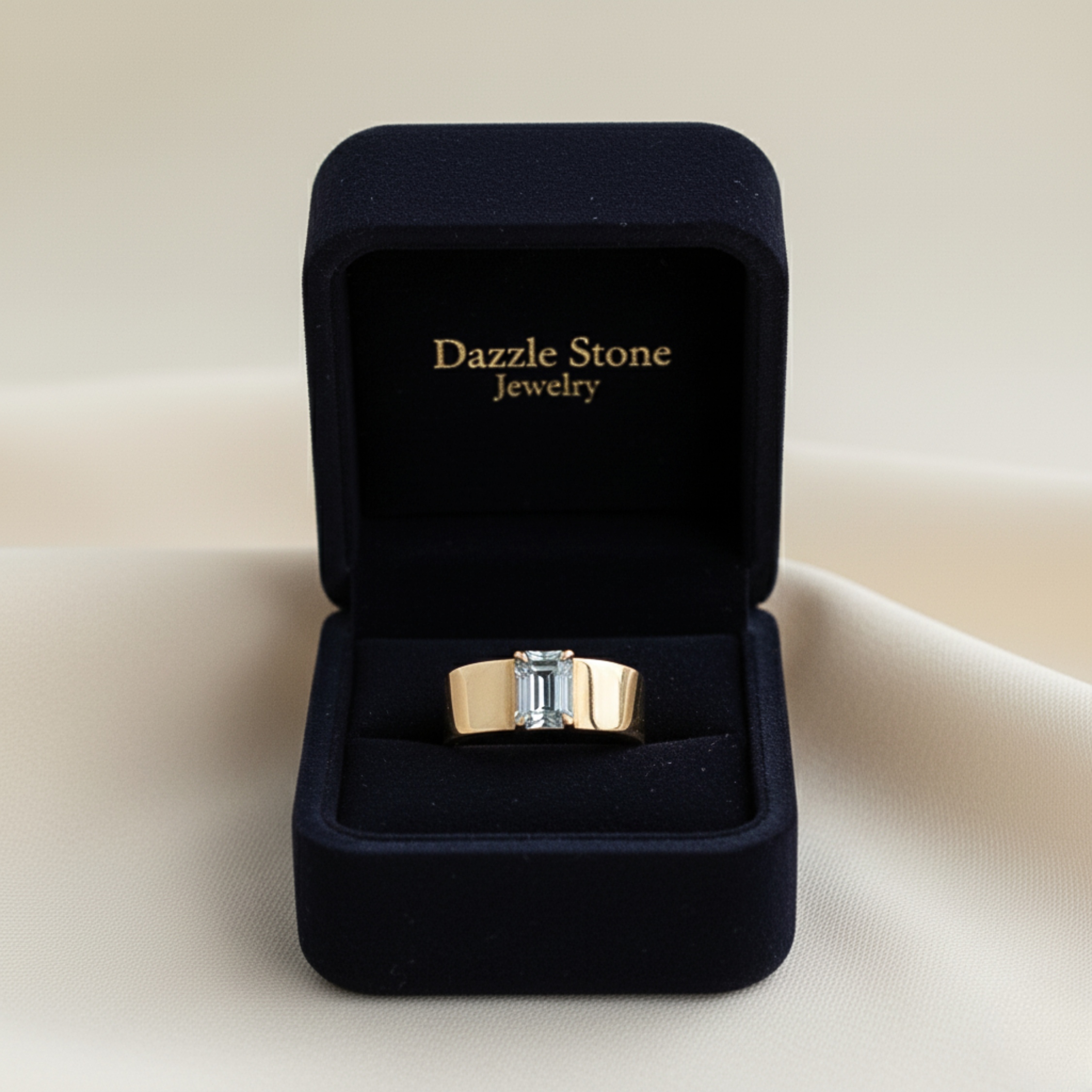 Emerald Cut Aquamarine Gemstone Ring, Vintage 14k Solid Gold Solitaire Thick Wide Band Engagement Ring, Gift March Birthstone Gift For Her