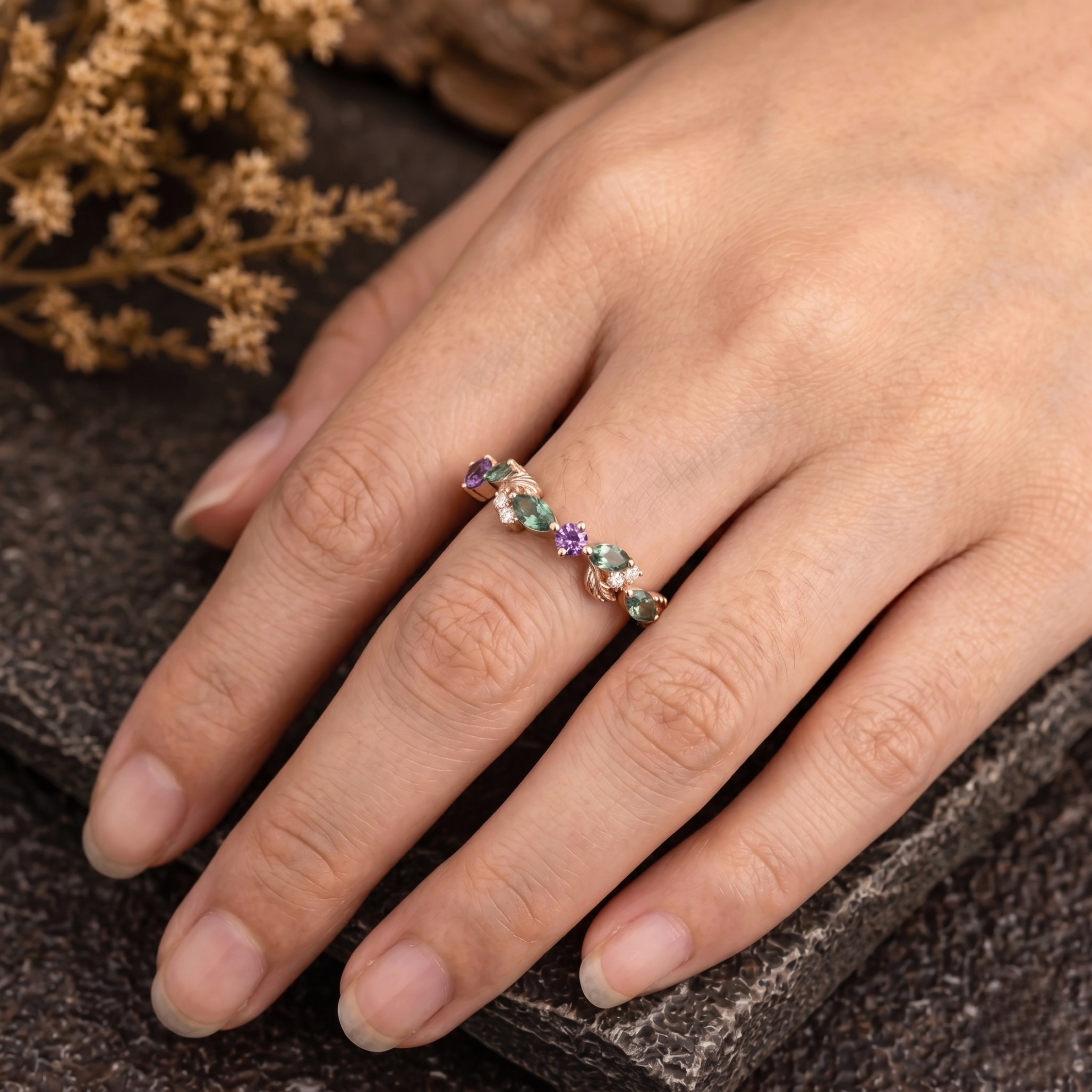 Marquise Emerald Wedding band, 14K Gold 3 Stone Alexandrite Moissanite Engagement Band, Dainty Leaf Promise ring, Anniversary Birthday Gifts