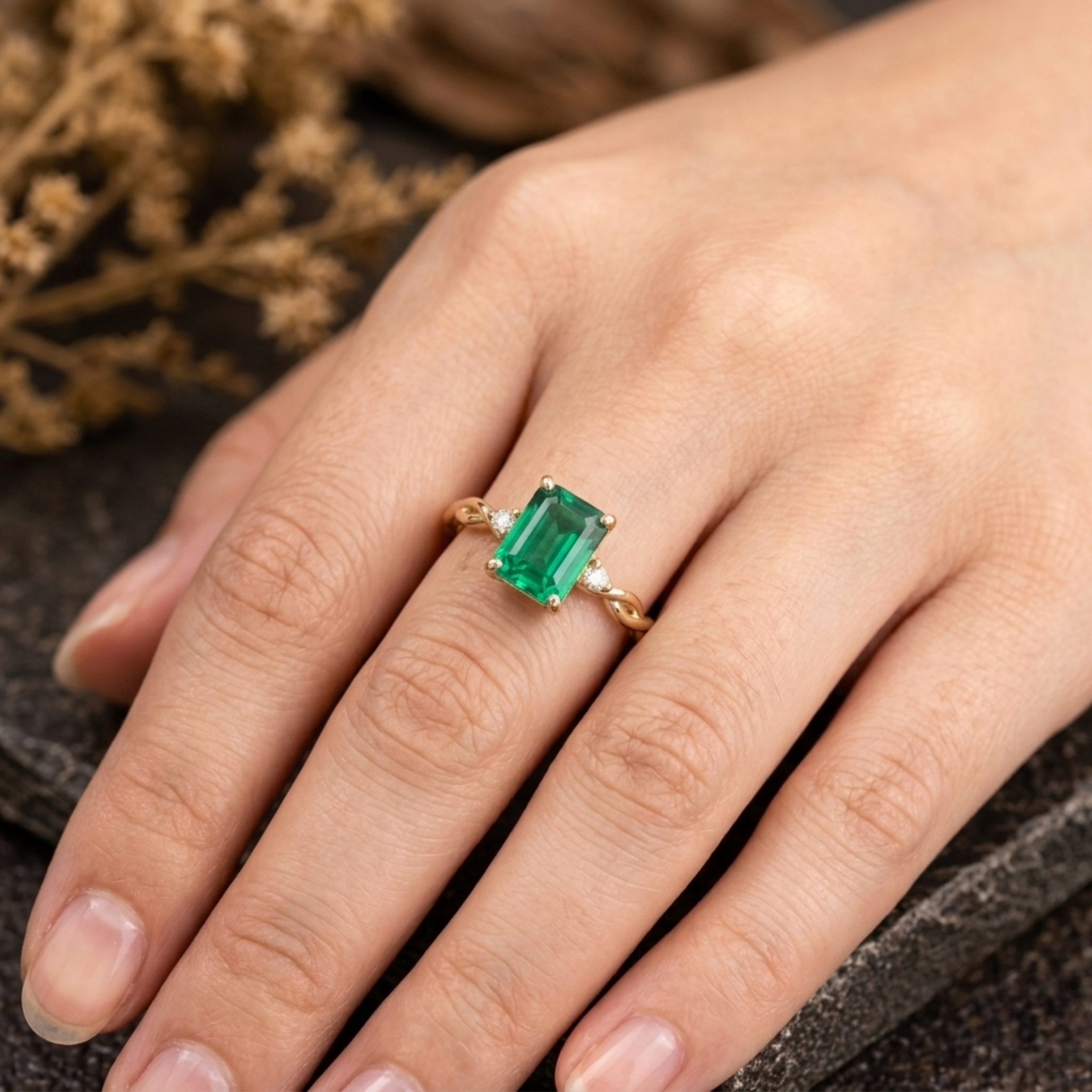 Vintage Emerald Cut Emerald Engagement Ring, 14k Twisted Band Moissanite Bridal Wedding Promise Ring, May Birthstone Ring, Anniversary Gift