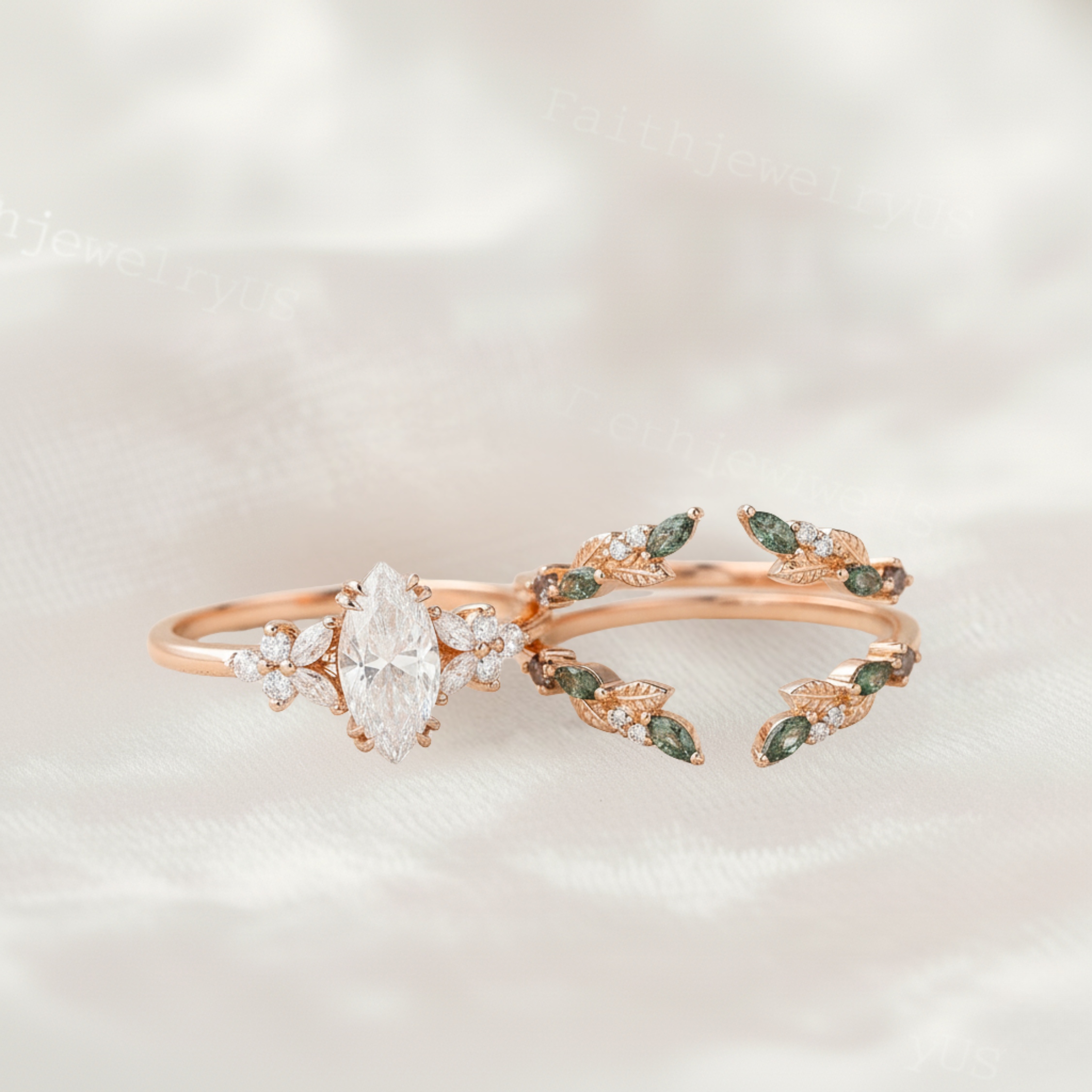 Marquise Cut Moissanite Engagement Ring Set Vintage Unique Rose Gold Open Cluster Marquise Moss Agate Wedding Promise Bridal Ring Set