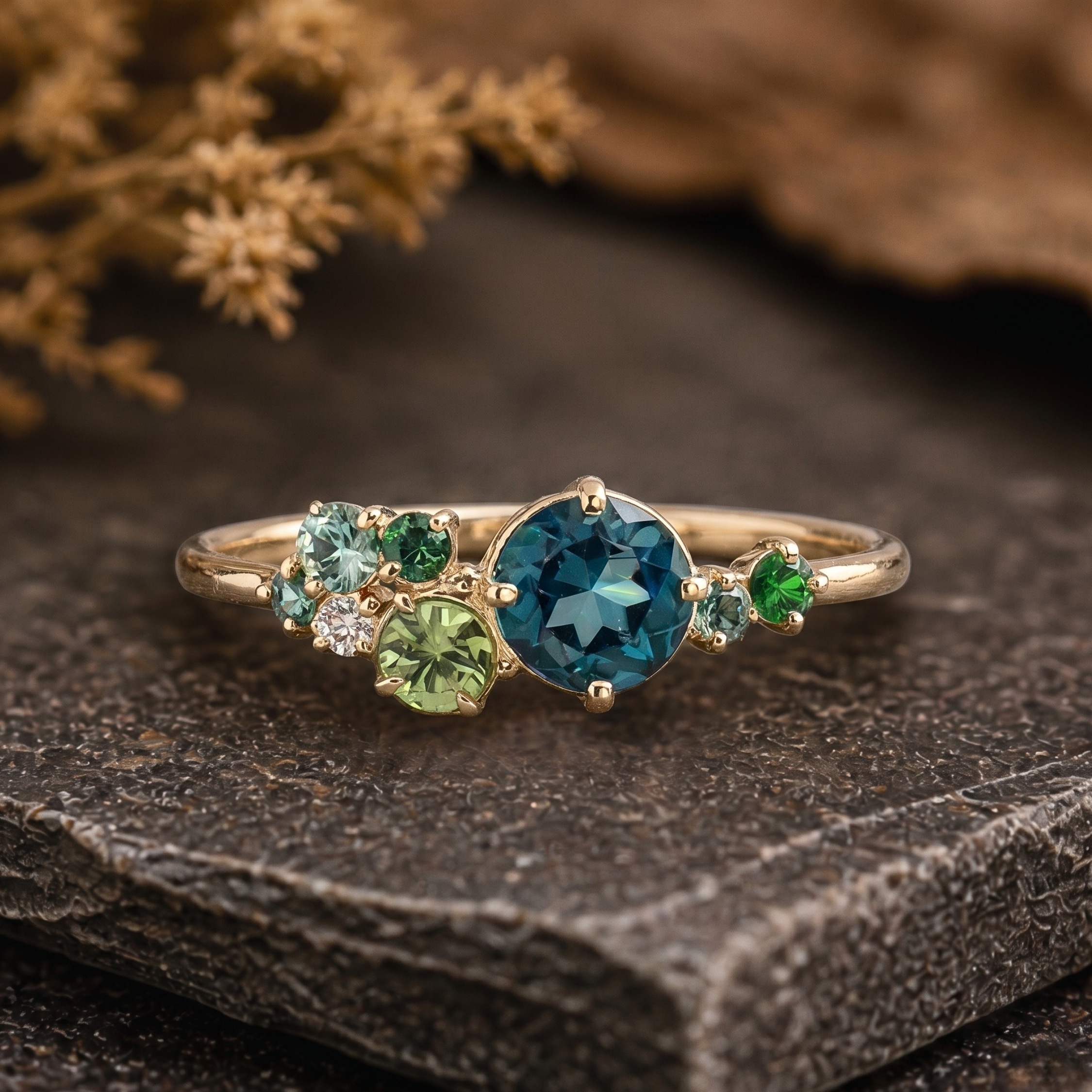 Blue Topaz Sapphire & Diamond Cluster Ring her, Multi-Cluster Sapphire Engagement Ring, Mixed Stone Cluster Ring, Teal Sapphire Bridal Ring