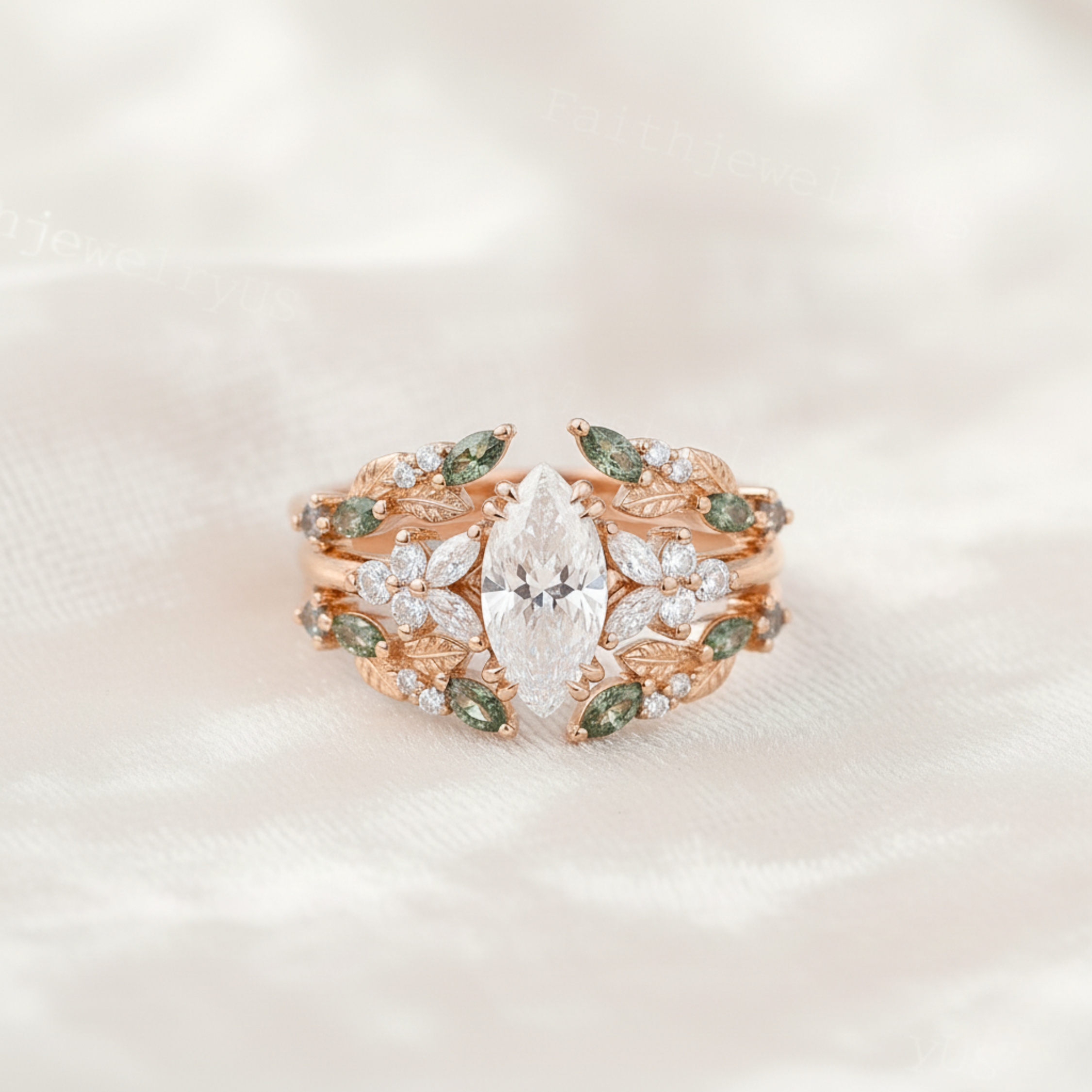 Marquise Cut Moissanite Engagement Ring Set Vintage Unique Rose Gold Open Cluster Marquise Moss Agate Wedding Promise Bridal Ring Set