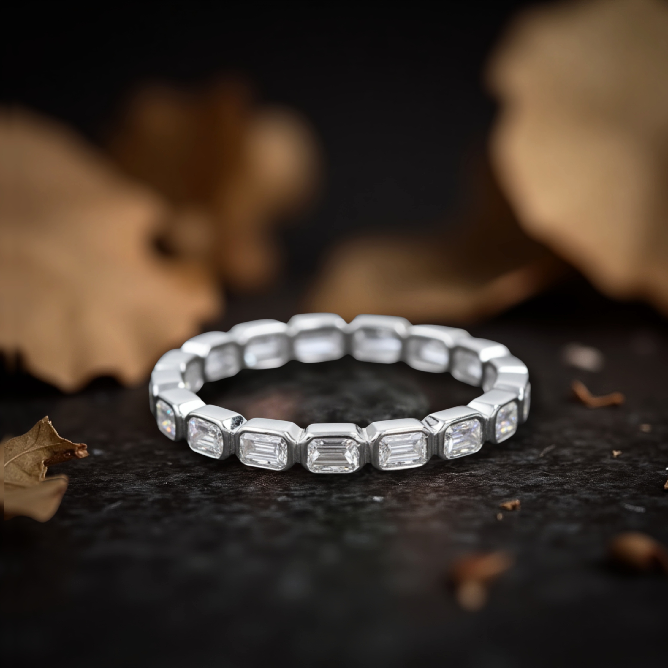 14k Solid Gold Moissanite Band Ring, East West Emerald Cut Moissanite Bezel Set Ring, Half Eternity Wedding Band, Stacking Minimalist Ring