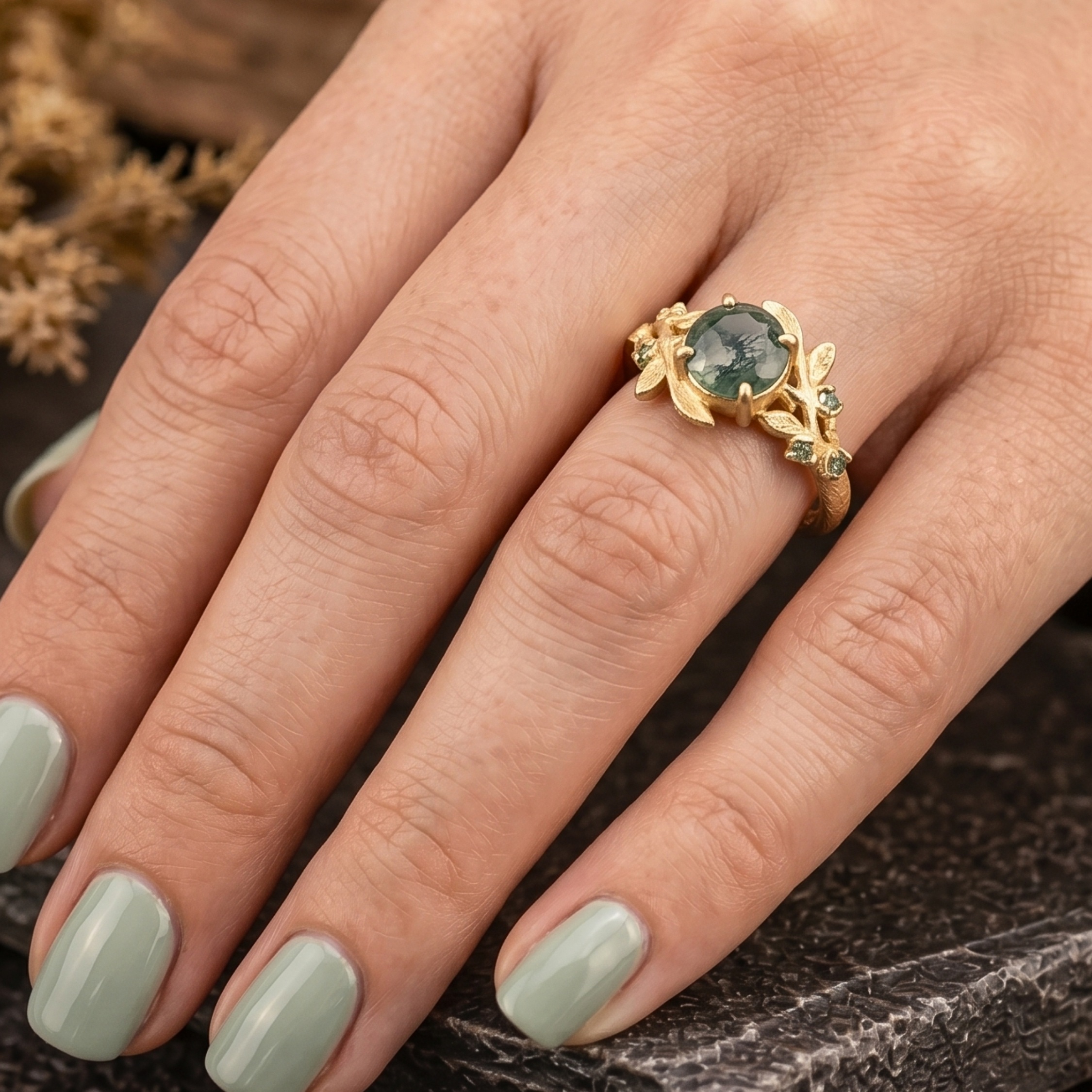 14K Solid Gold Nature Inspired Moss Agate Ring, Vintage Leaf Design Engagement Ring, Delicate Green Agate Wedding Ring, Promise Gift For Her
