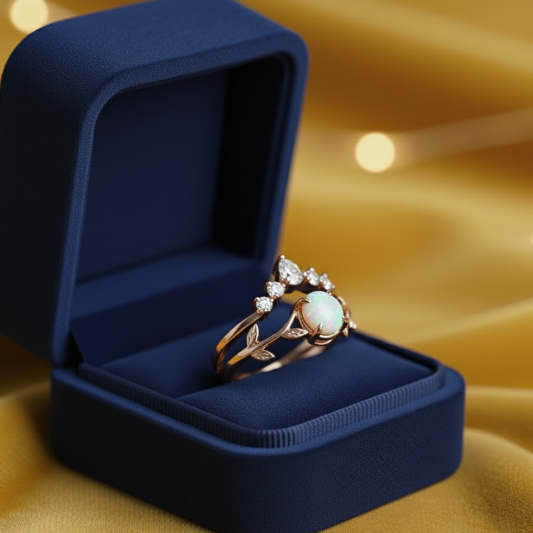 Vintage Opal Engagement Ring, 14K Rose Gold Round Opal Wedding Ring Set, Unique White Opal Promise Ring October Birthstone Ring Gift For Her