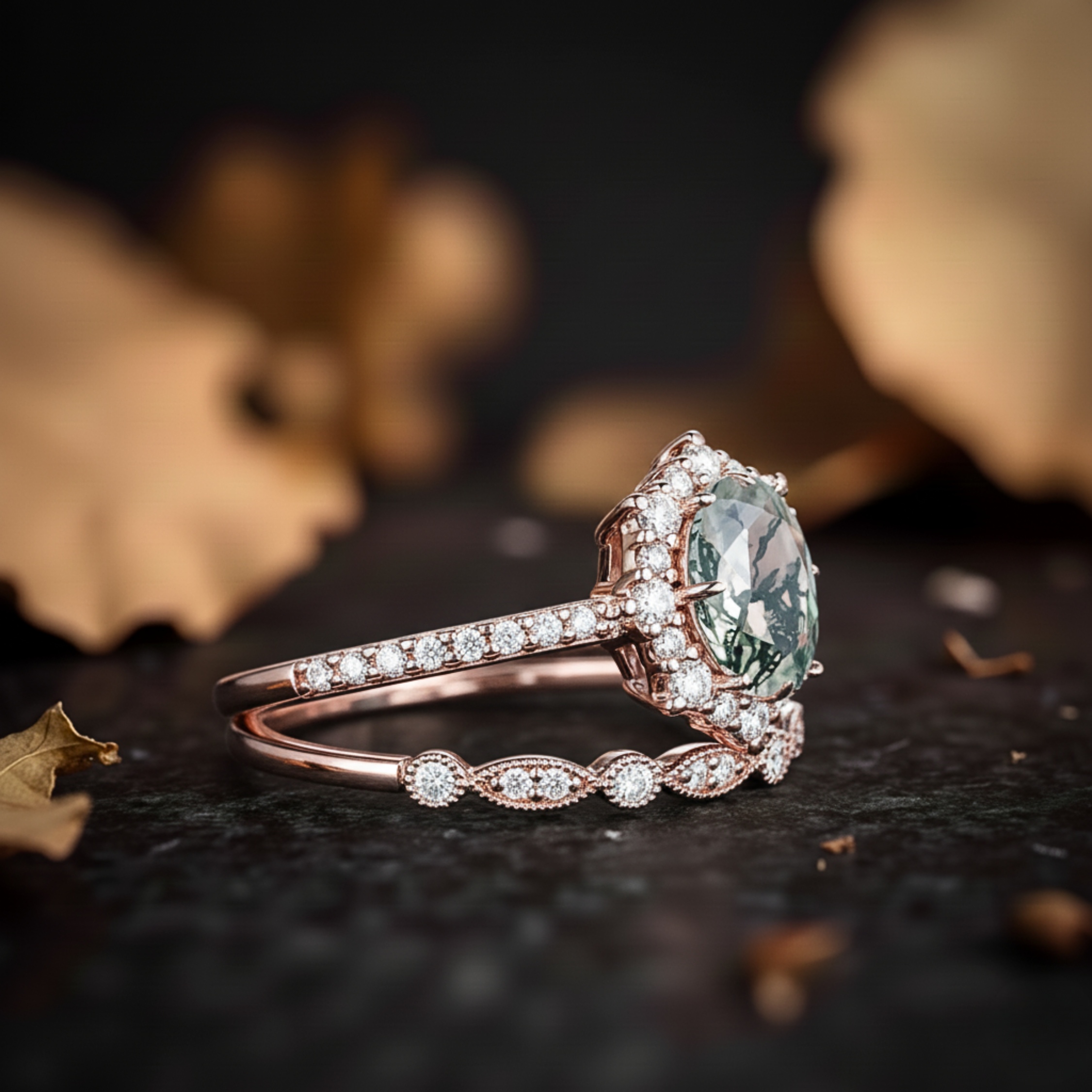 Vintage Moss Agate Halo Engagement Ring Set, Unique Rose Gold Oval Cut Wedding Set, Moss Agate Bridal Set Promise Ring Anniversary Ring Gift
