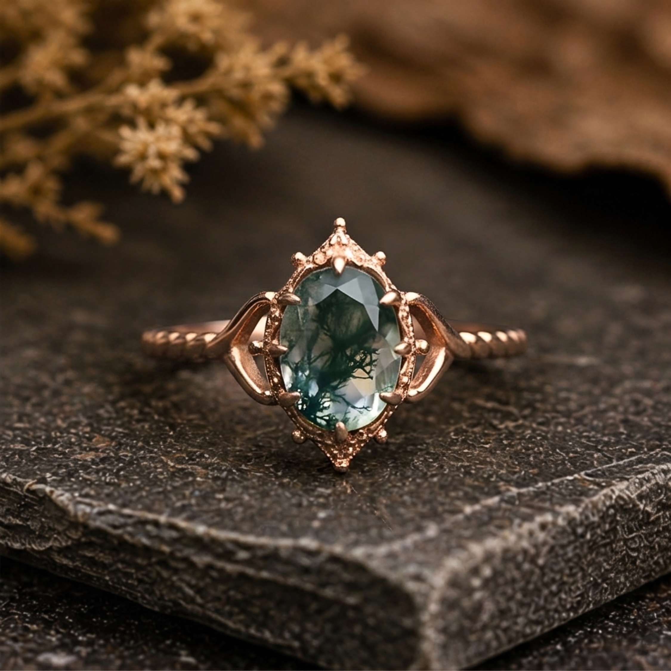 Art Deco Oval Moss Agate Engagement Ring, Vintage Style, Green Gemstone Bridal Anniversary Gift