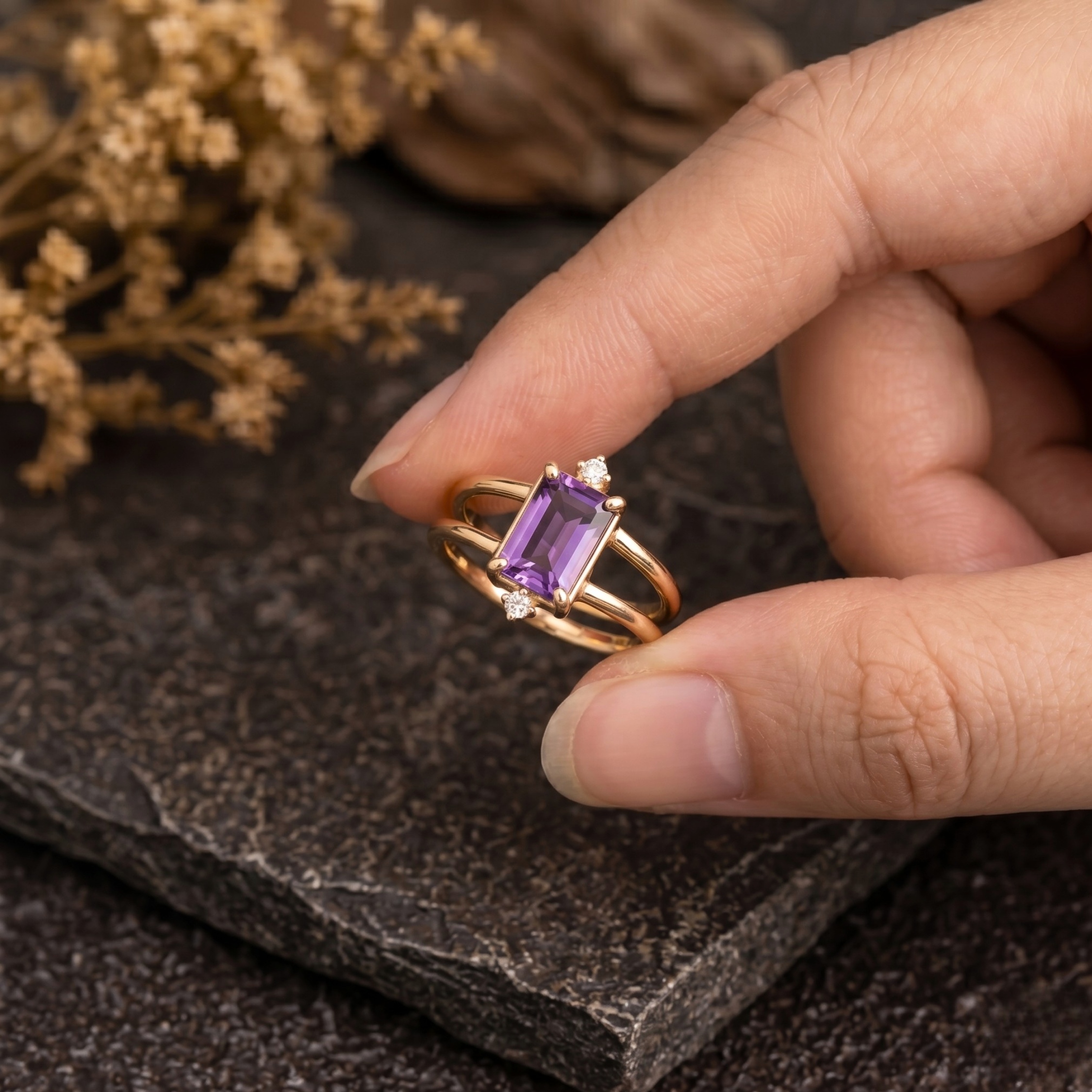 Amethyst Emerald Cut Solid Yellow Gold Engagement Women’s Ring | Moissanite Ring Fantasy Wedding Bridal Jewelry | Double Band Promise Gift