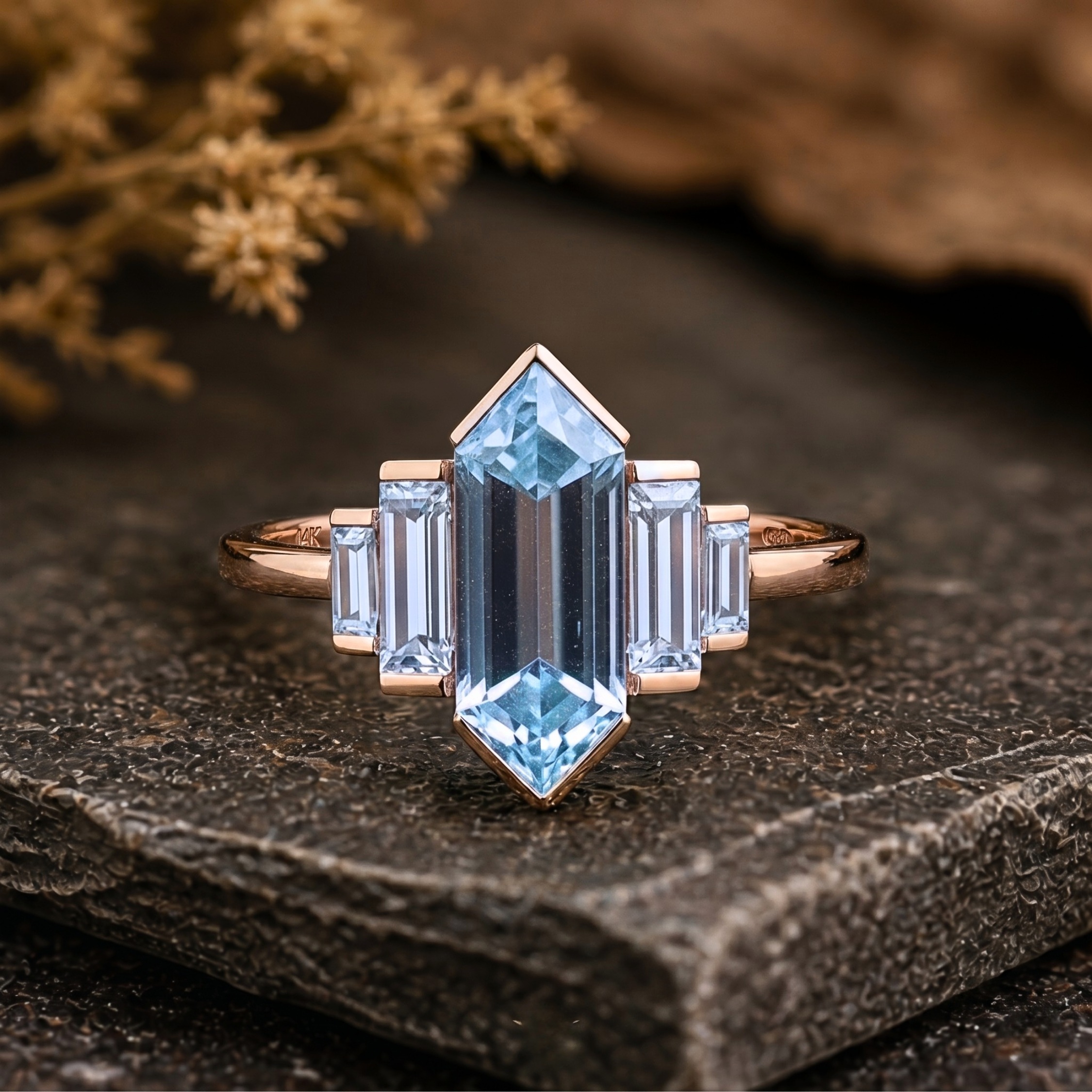 Long Hexagon & Baguette Cut Aquamarine Engagement Ring, Five Stone Wedding Ring, Half Bezel Setting Bridal Ring, 14K Solid Yellow Gold Ring