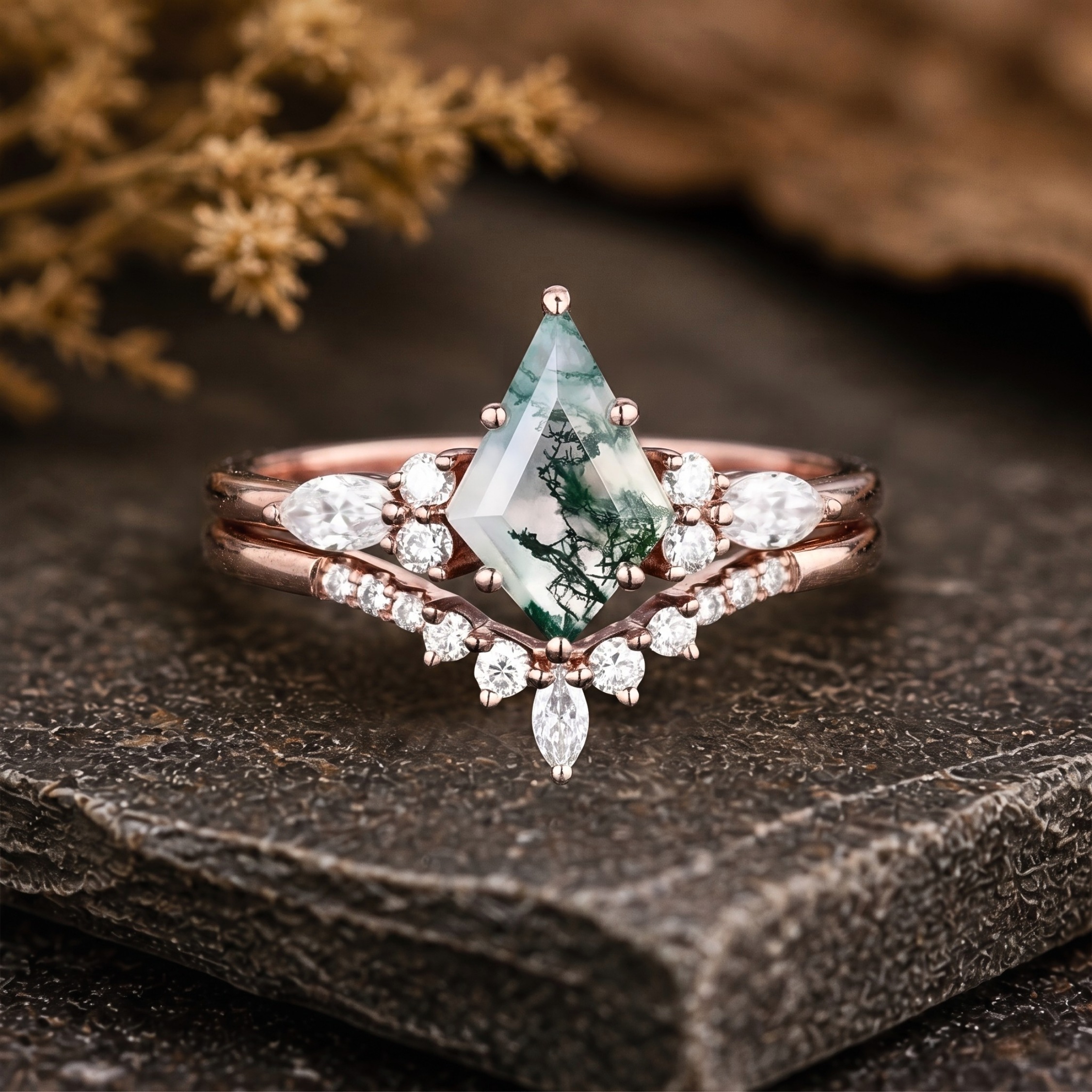 Unique Vintage Kite Cut Green Moss Agate Engagement Ring Set, 14k Rose Gold Wedding Moissanite Ring For Women, Bridal Ring Set Gift For Her