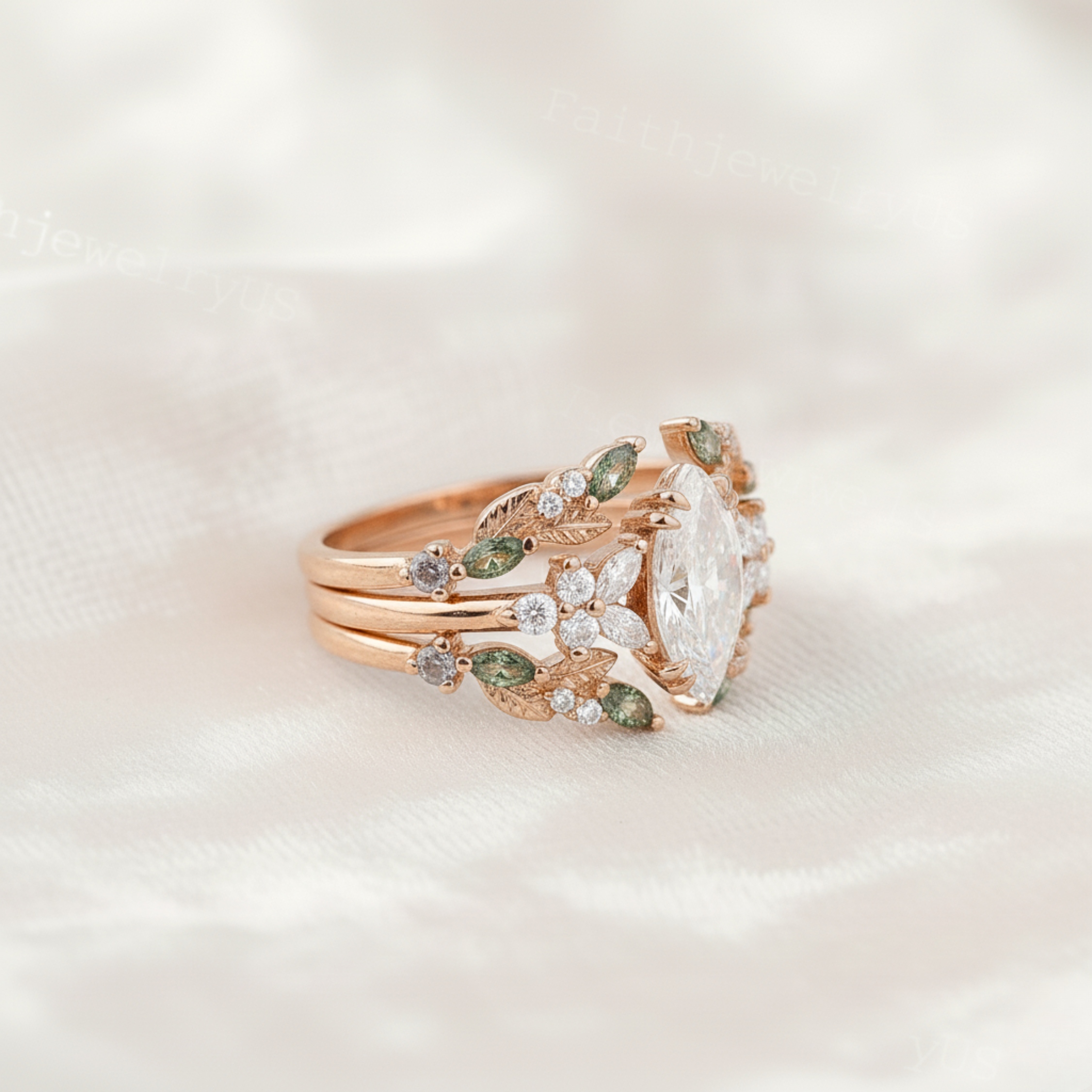 Marquise Cut Moissanite Engagement Ring Set Vintage Unique Rose Gold Open Cluster Marquise Moss Agate Wedding Promise Bridal Ring Set