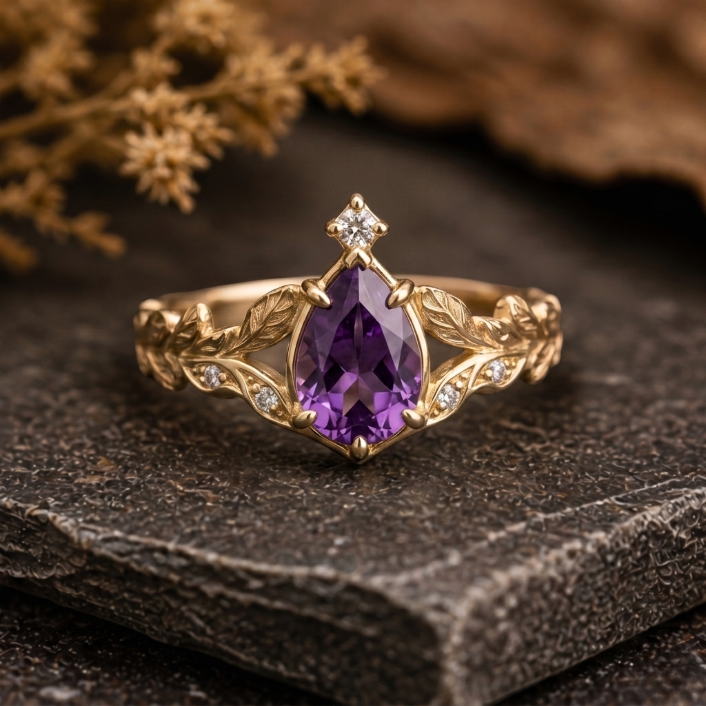 Vintage Amethyst Leaf Engagement Ring/Dainty Nature Inspired Branch Amethyst Moissanite Promise Ring/Purple Stone Wedding Jewelry For Her