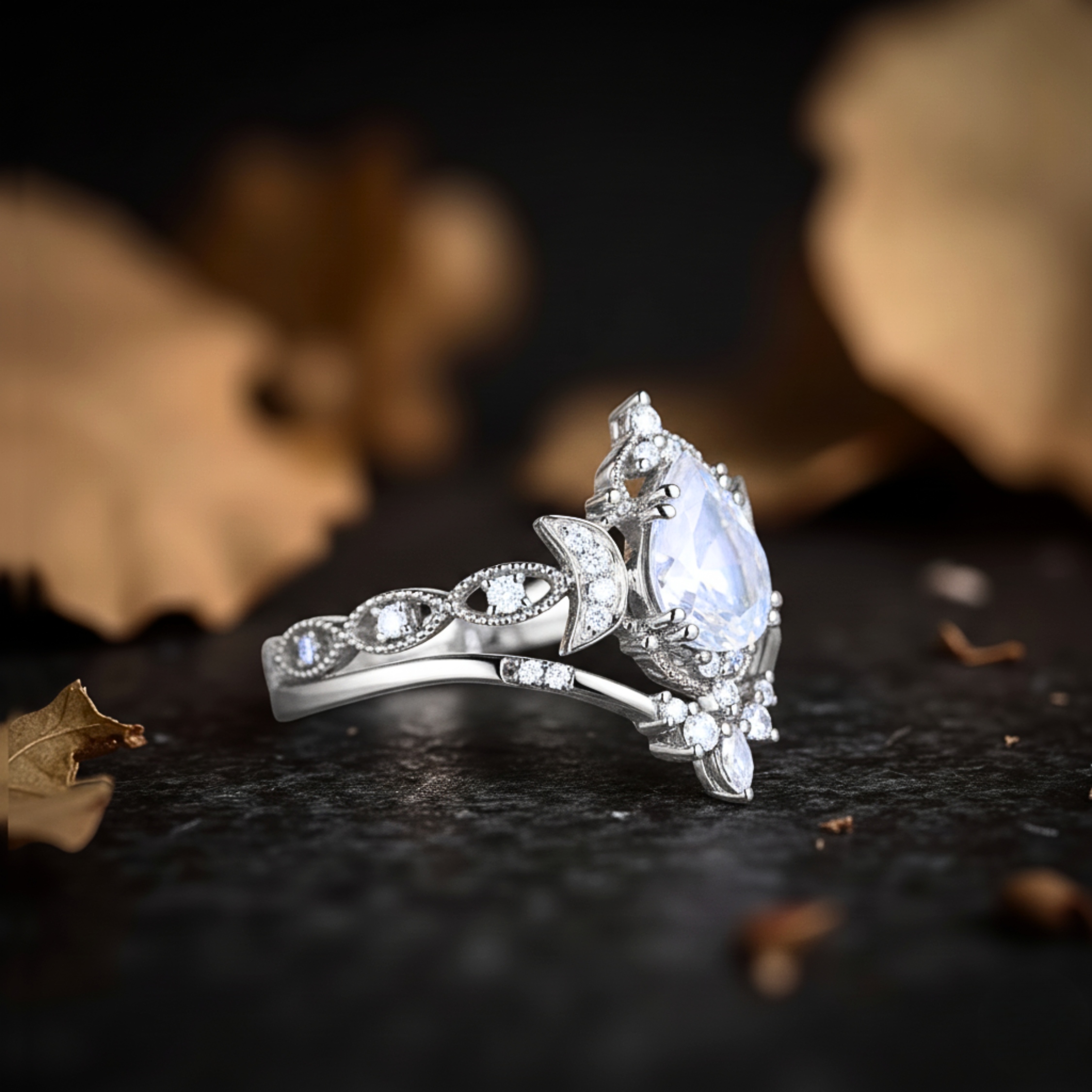 Vintage Vine Half Moon Pear Cut Moonstone Engagement Ring Unique Sterling Silver Floral Cluster Bridal Wedding Ring Set Promise Gift For Her