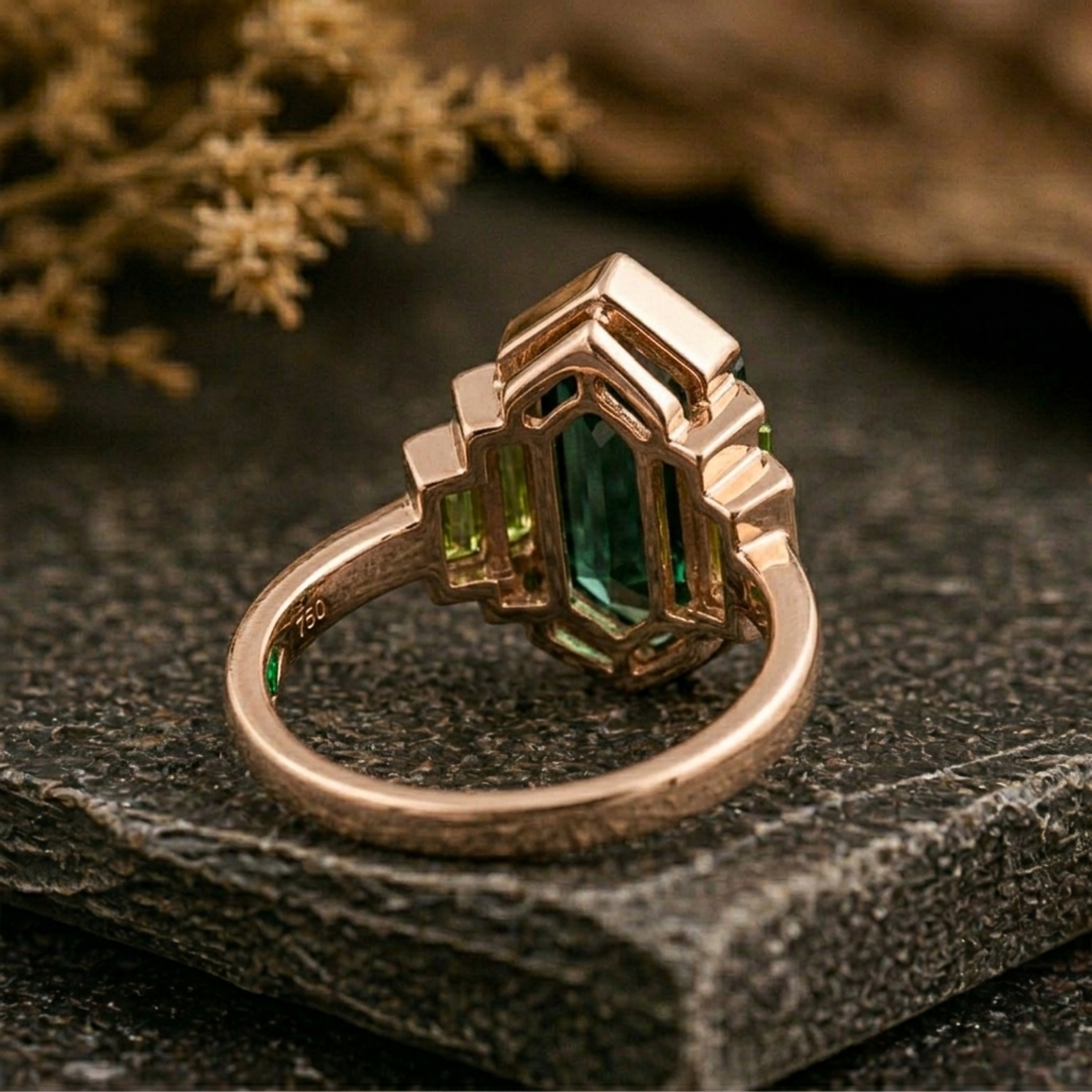 Vintage Hexagon Cut Green Emerald & Baguette Cut Peridot Wedding Ring, 18K Rose Gold Engagement Ring, Promise Bridal Jewelry Gift For Women