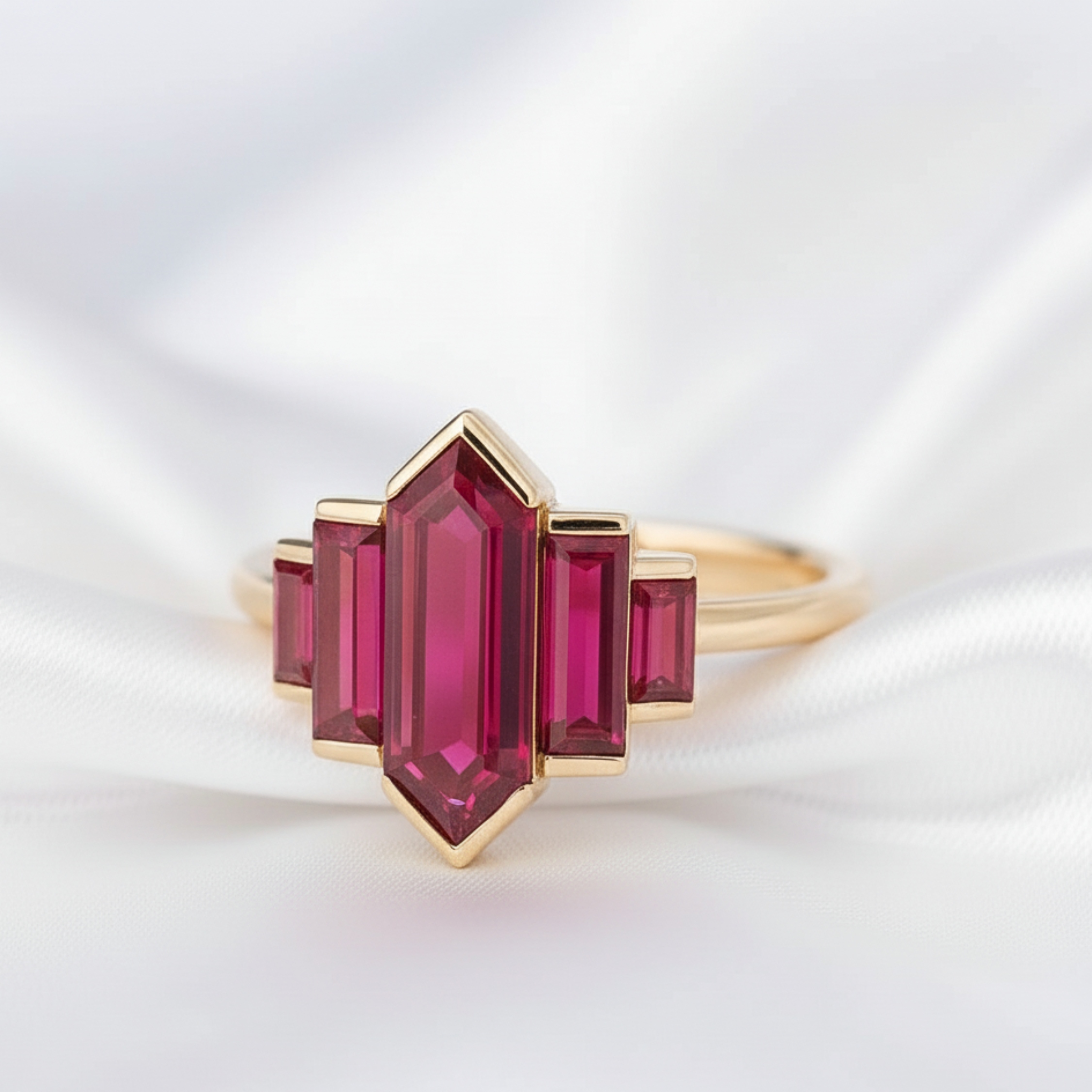 Unique Long Hexagon Ruby Ring, Vintage 14k Yellow Gold Bezel Set Art Deco Red Ruby Bridal Promise Wedding Ring Unique Christmas Gift For Her