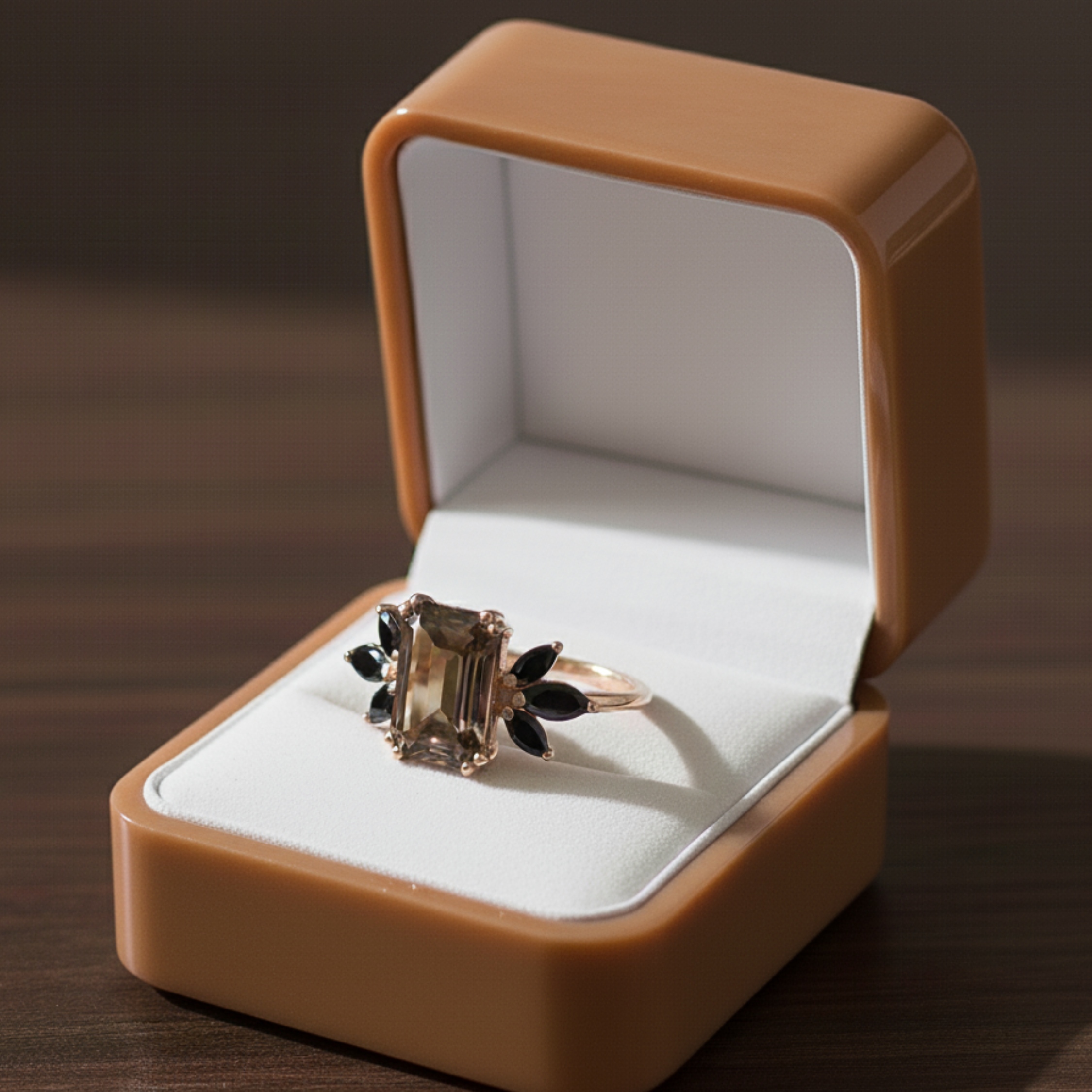 Emerald Cut Smoky Quartz & Marquise Black Onyx Ring, Solitaire Ring, 14K Rose Gold Smoky Quartz Engagement Ring, Anniversary Gift For Women