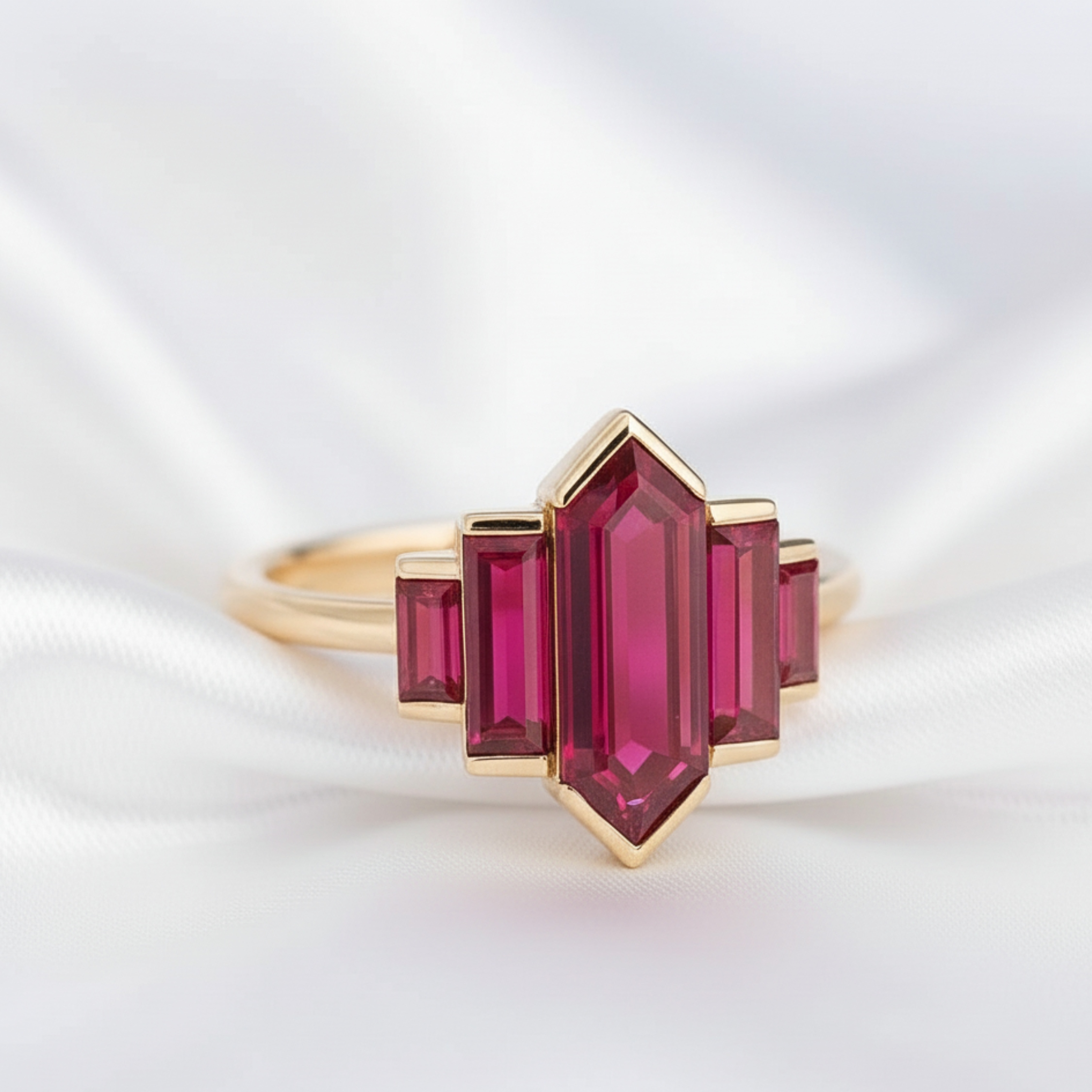 Unique Long Hexagon Ruby Ring, Vintage 14k Yellow Gold Bezel Set Art Deco Red Ruby Bridal Promise Wedding Ring Unique Christmas Gift For Her