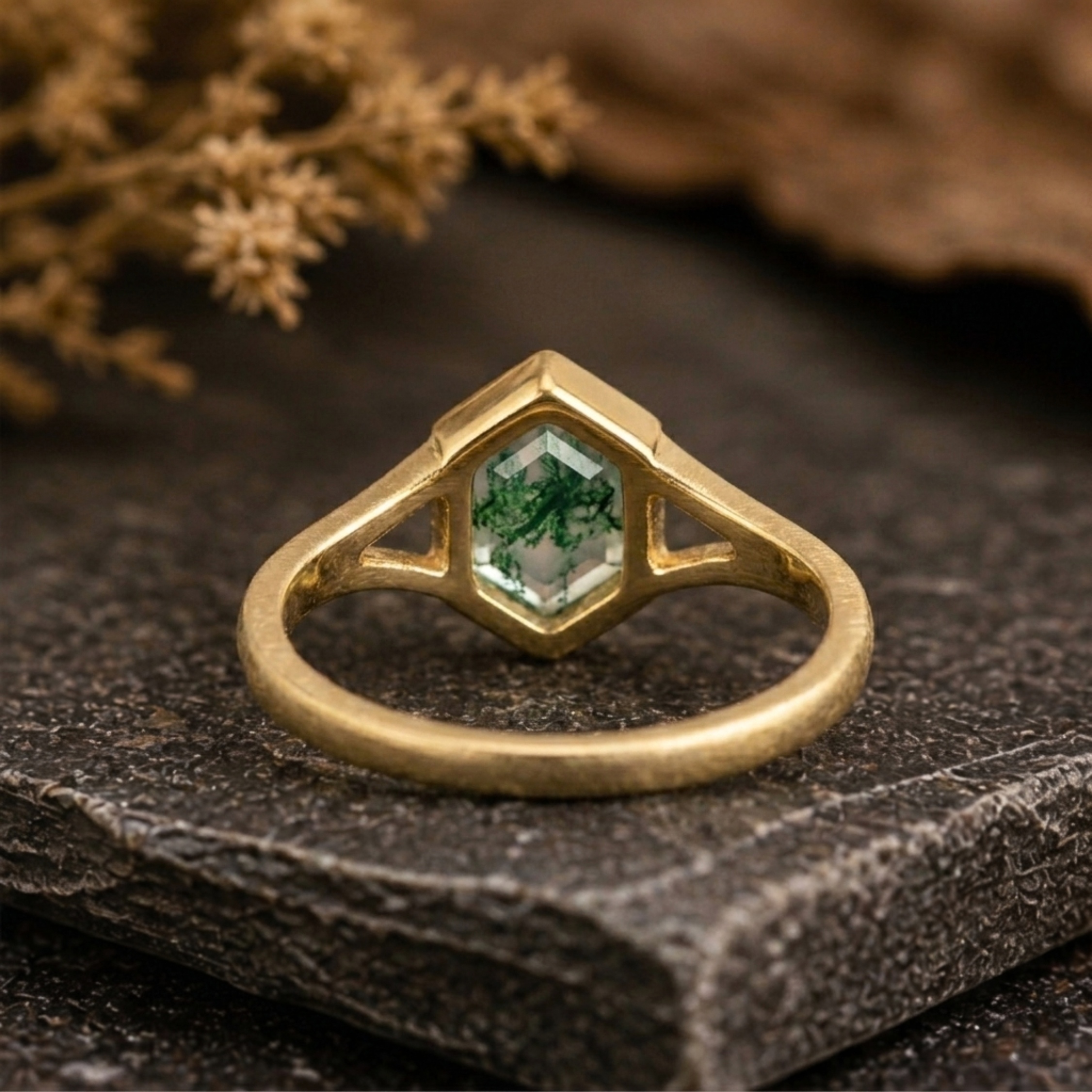 Vintage Art Deco Bezel Setting Moss Agate Ring, 14k Yellow Gold Promise Ring, Hexagon Cut Green Agate Engagement Ring, Promise Bridal Gift