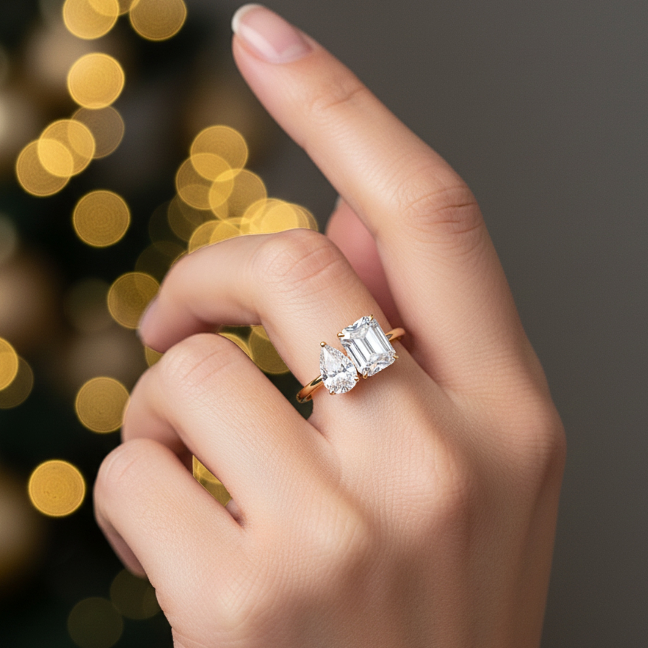 Two Stone Ring Emerald & Pear Cut Birthstone Ring, Moissanite Ring, Christmas Gift, Toi Et Moi Ring, Couples Ring Gift, Anniversary Gift