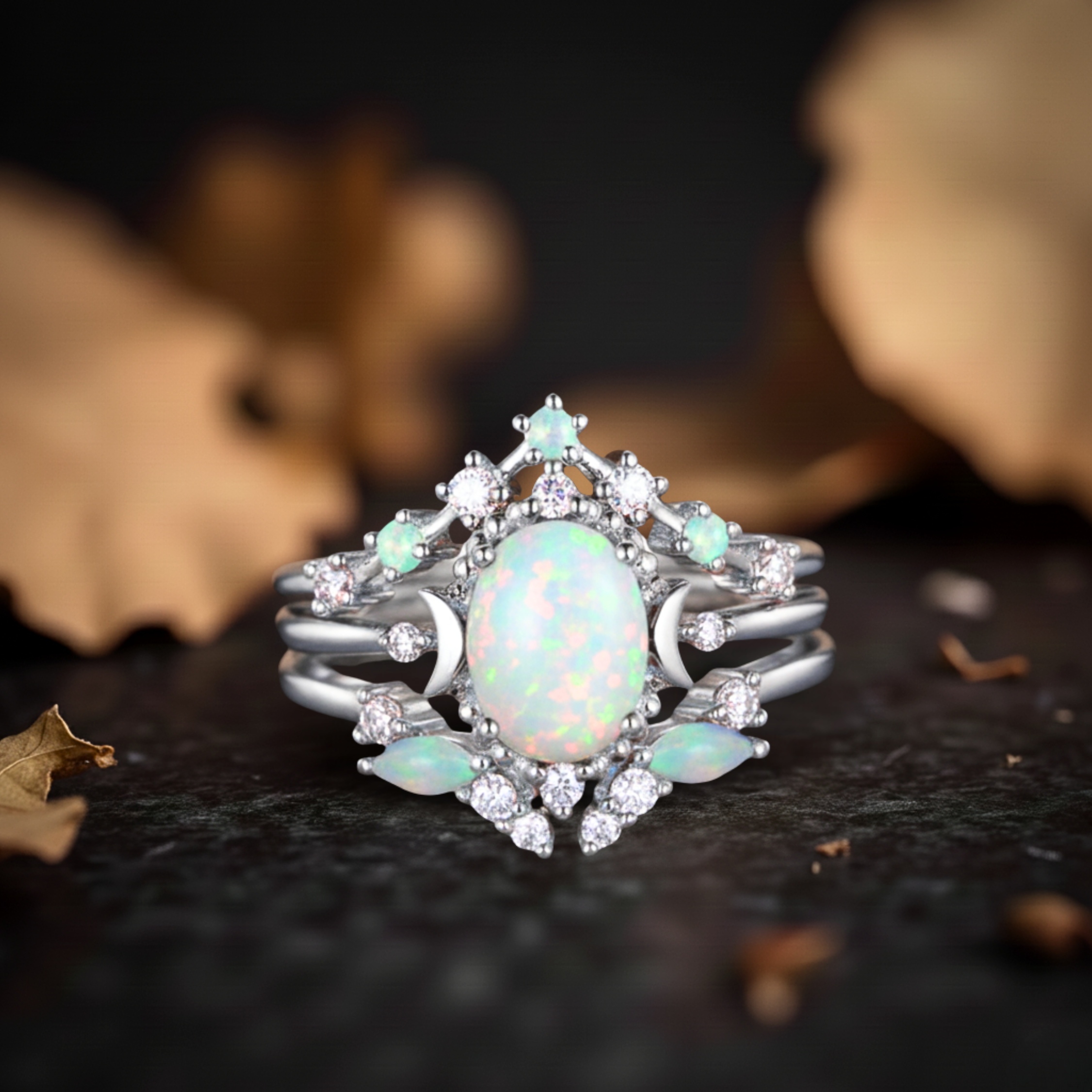 Opal Oval Cut Engagement Ring Set, Vintage Opal Wedding 3 Piece Ring, Woman Celestial Bridal Set Rose Gold Moon Ring Gift Personalized Gift