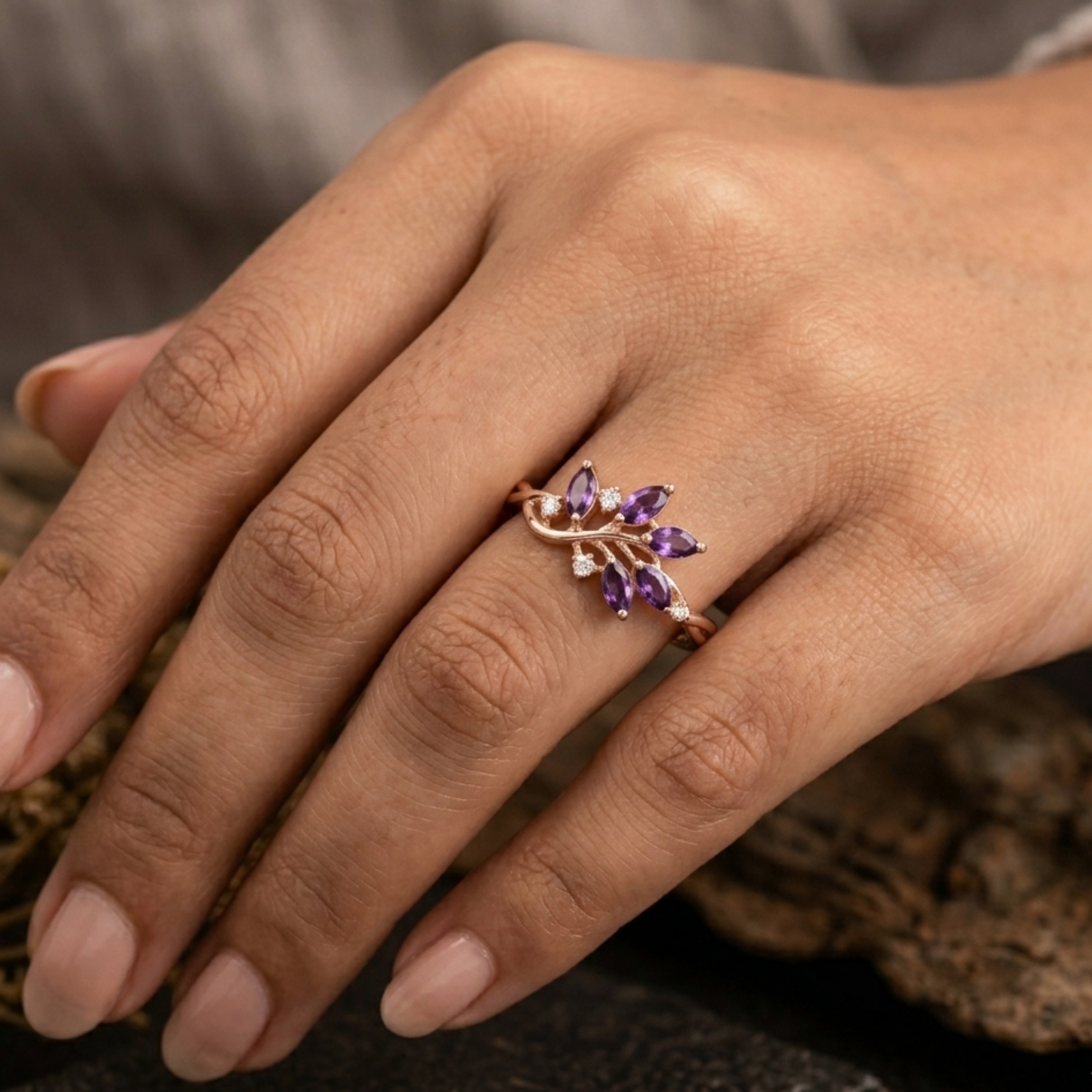 Vintage Purple Amethyst Engagement Ring, Amethyst 14K Wedding Ring, Bohemian Nature Inspired Engagement Ring, Diamond Ring, Anniversary Gift