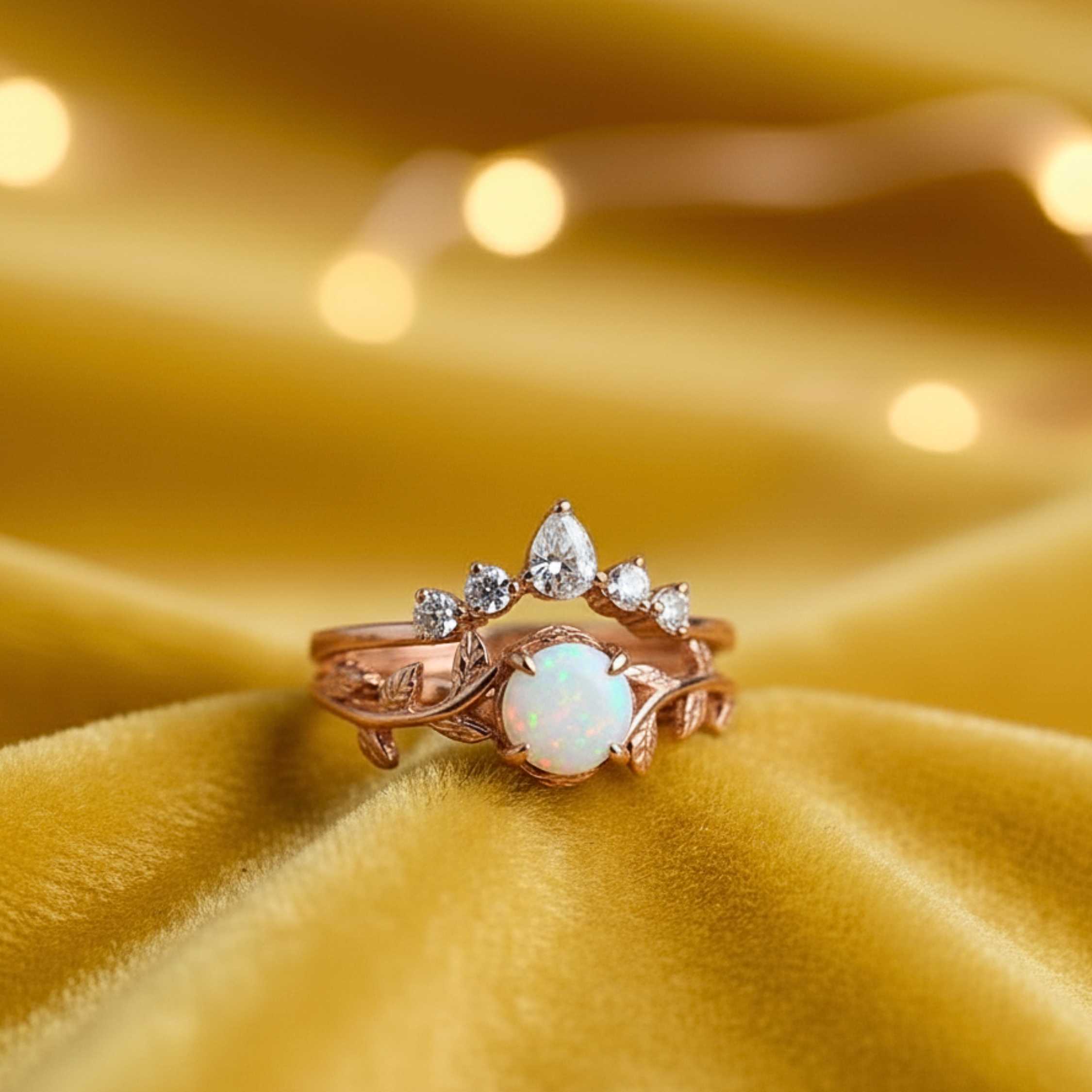 Vintage Opal Engagement Ring, 14K Rose Gold Round Opal Wedding Ring Set, Unique White Opal Promise Ring October Birthstone Ring Gift For Her