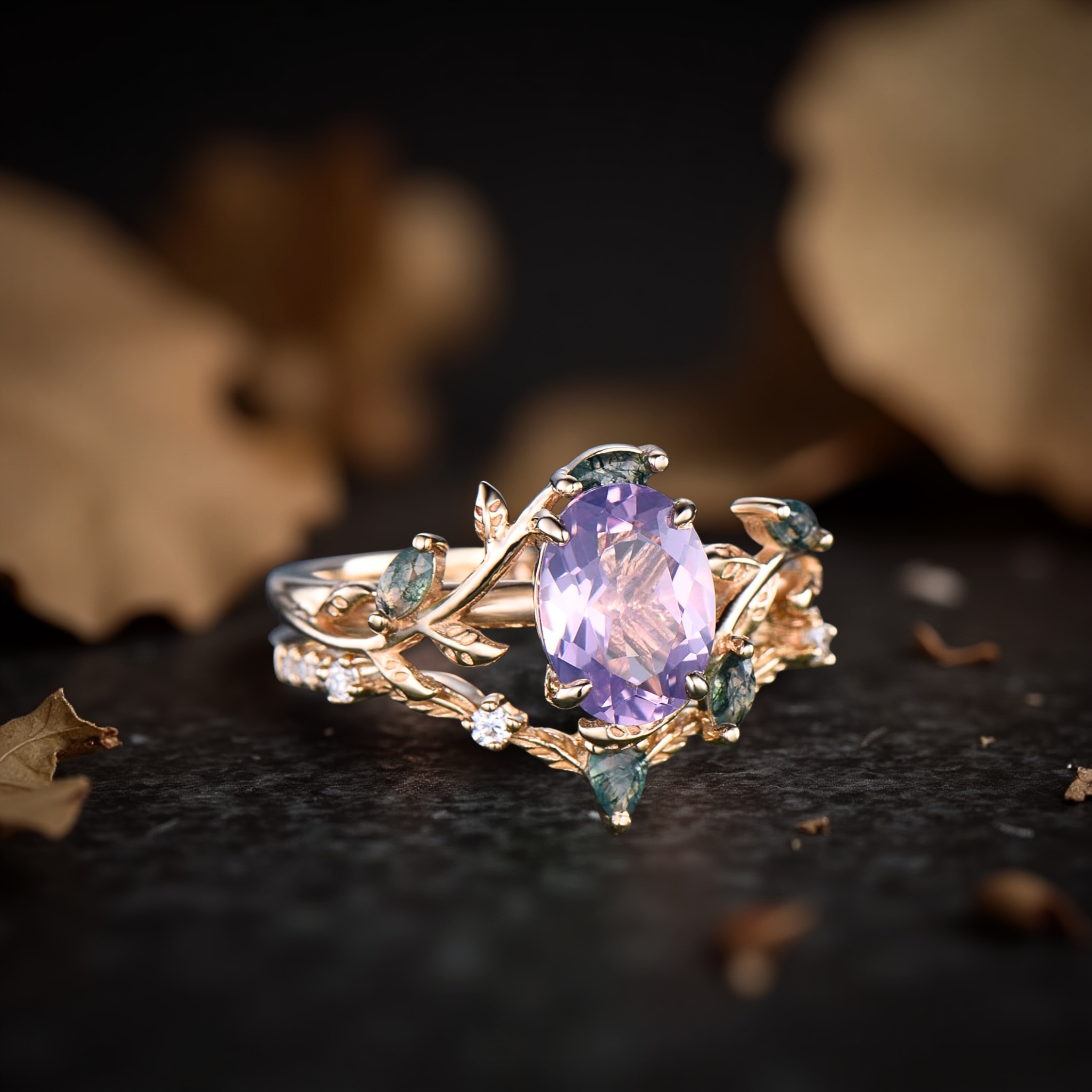 Vintage Nature Inspired Oval Cut Lavender Amethyst Engagement Ring, 14k Solid Gold Cluster leaf Bridal Wedding Ring Set, Gift For Women