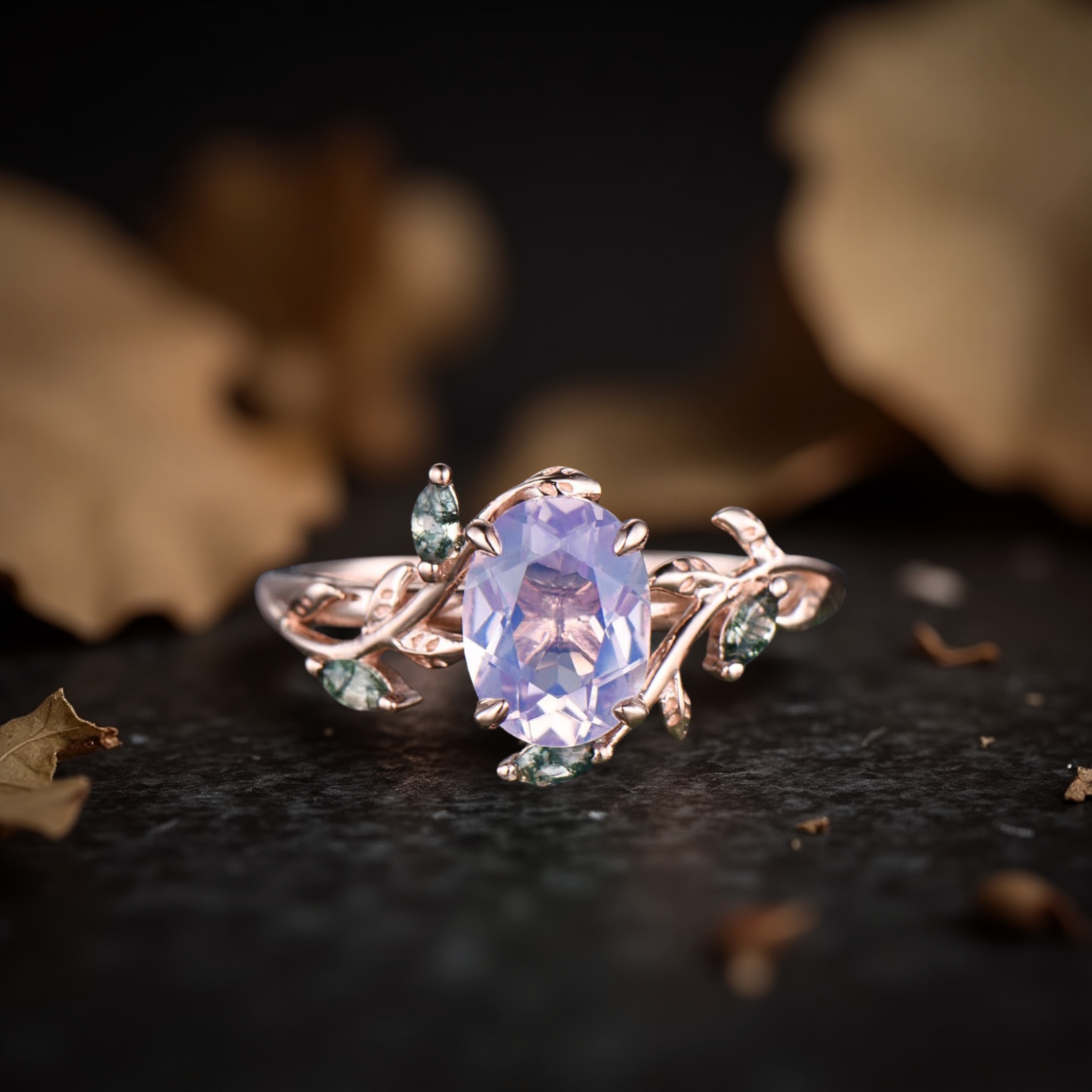 Vintage Nature Inspired Oval Cut Lavender Amethyst Engagement Ring, 14k Solid Gold Cluster leaf Bridal Wedding Ring Set, Gift For Women