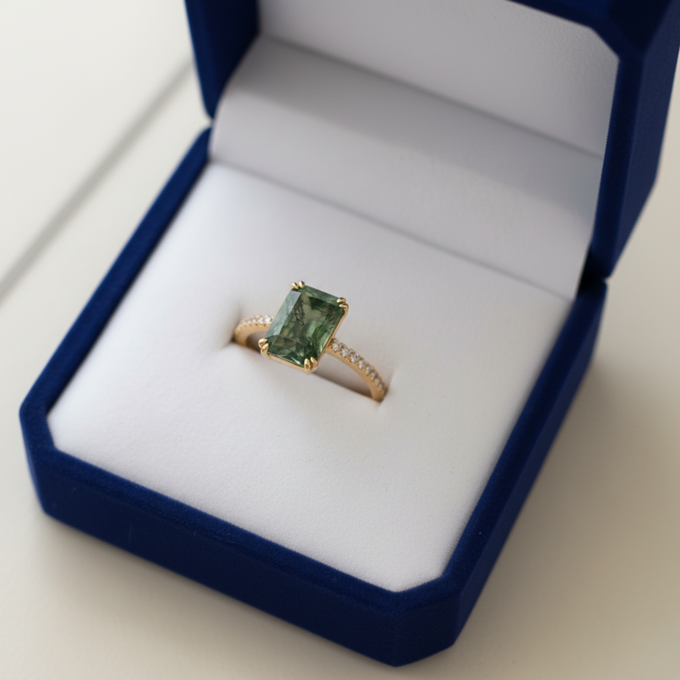 Unique Vintage Emerald Cut Moss Agate Ring Solid 14k Yellow Gold Promise Ring Art Deco Bezel Setting Engagement Ring Bridal Jewelry Gift