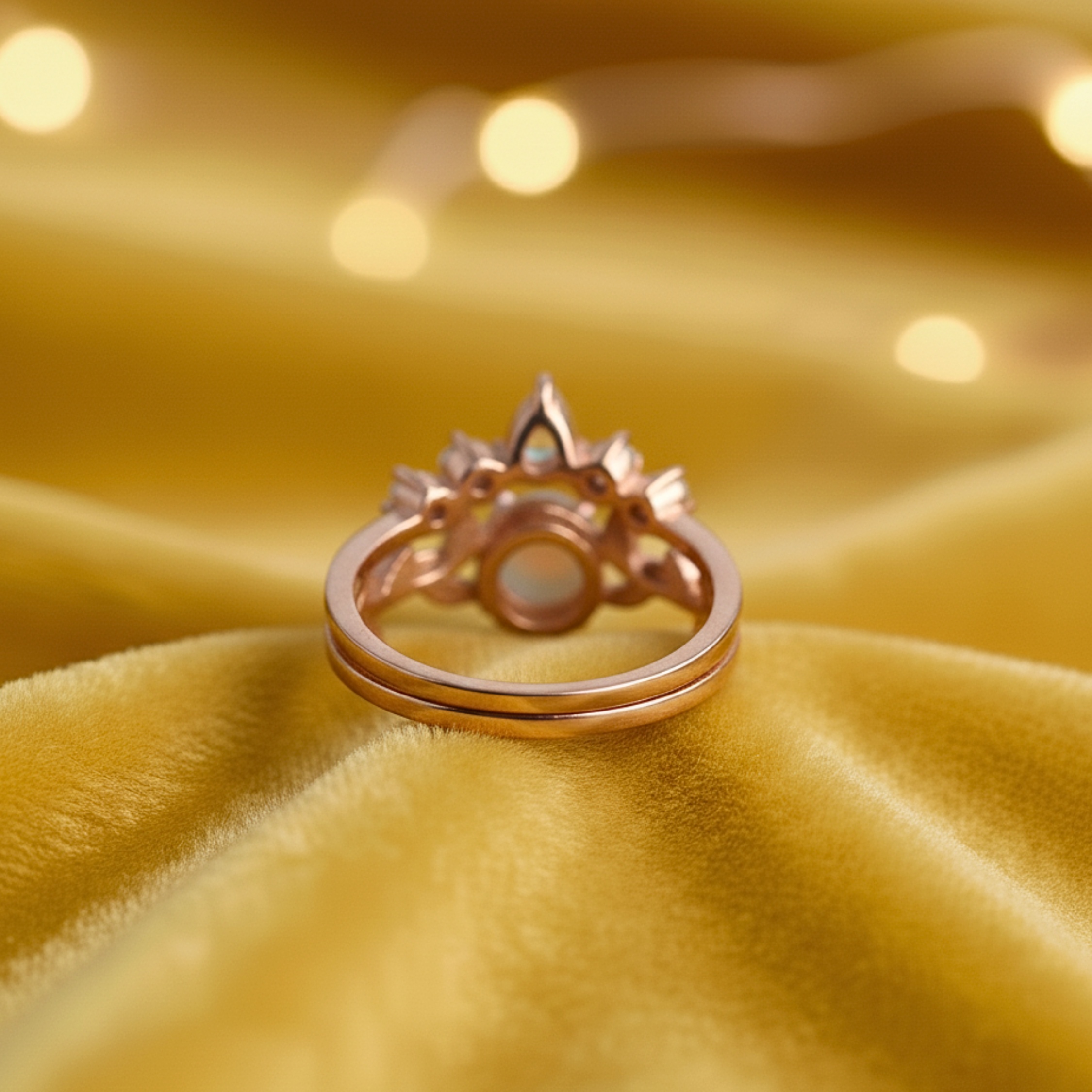 Vintage Opal Engagement Ring, 14K Rose Gold Round Opal Wedding Ring Set, Unique White Opal Promise Ring October Birthstone Ring Gift For Her
