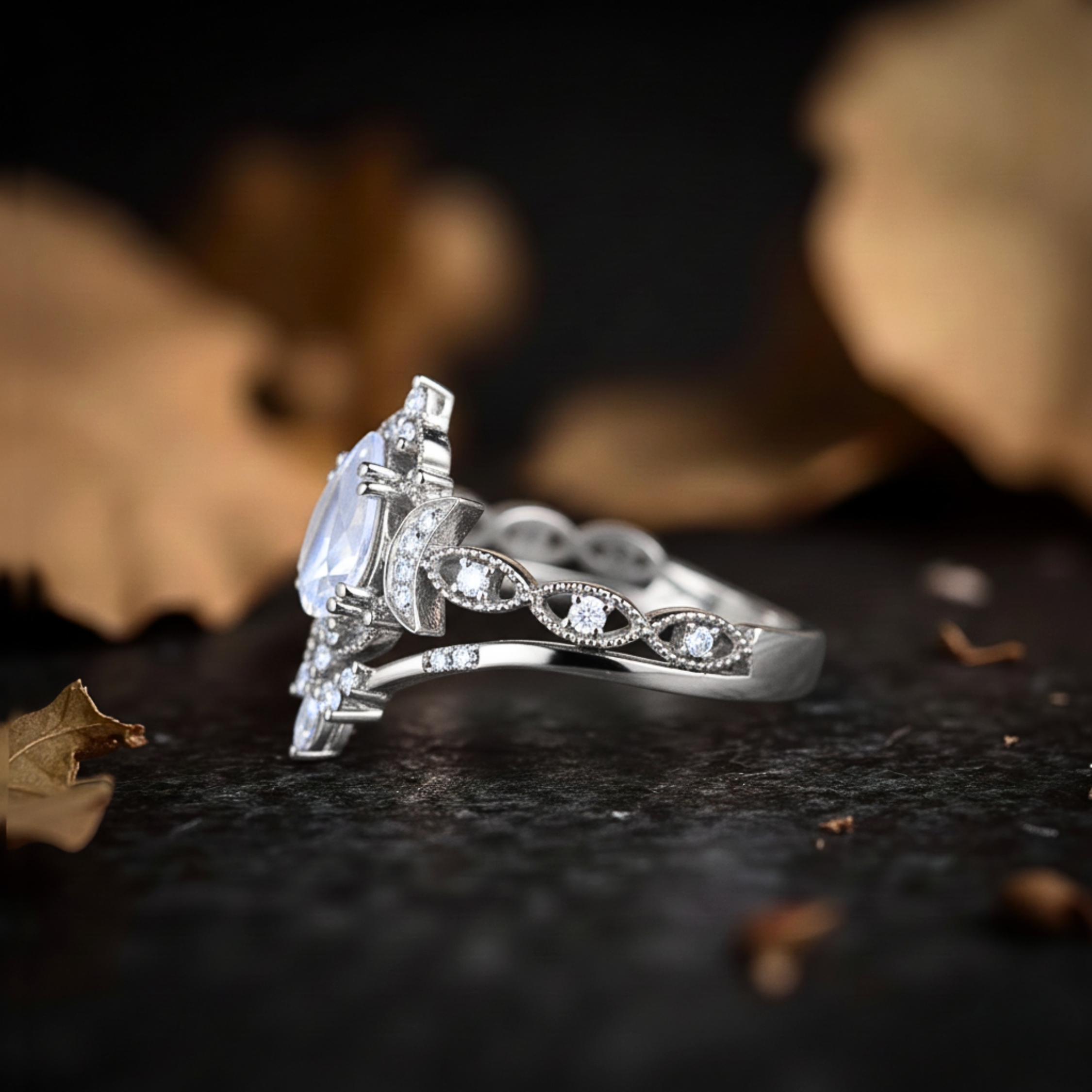 Vintage Vine Half Moon Pear Cut Moonstone Engagement Ring Unique Sterling Silver Floral Cluster Bridal Wedding Ring Set Promise Gift For Her