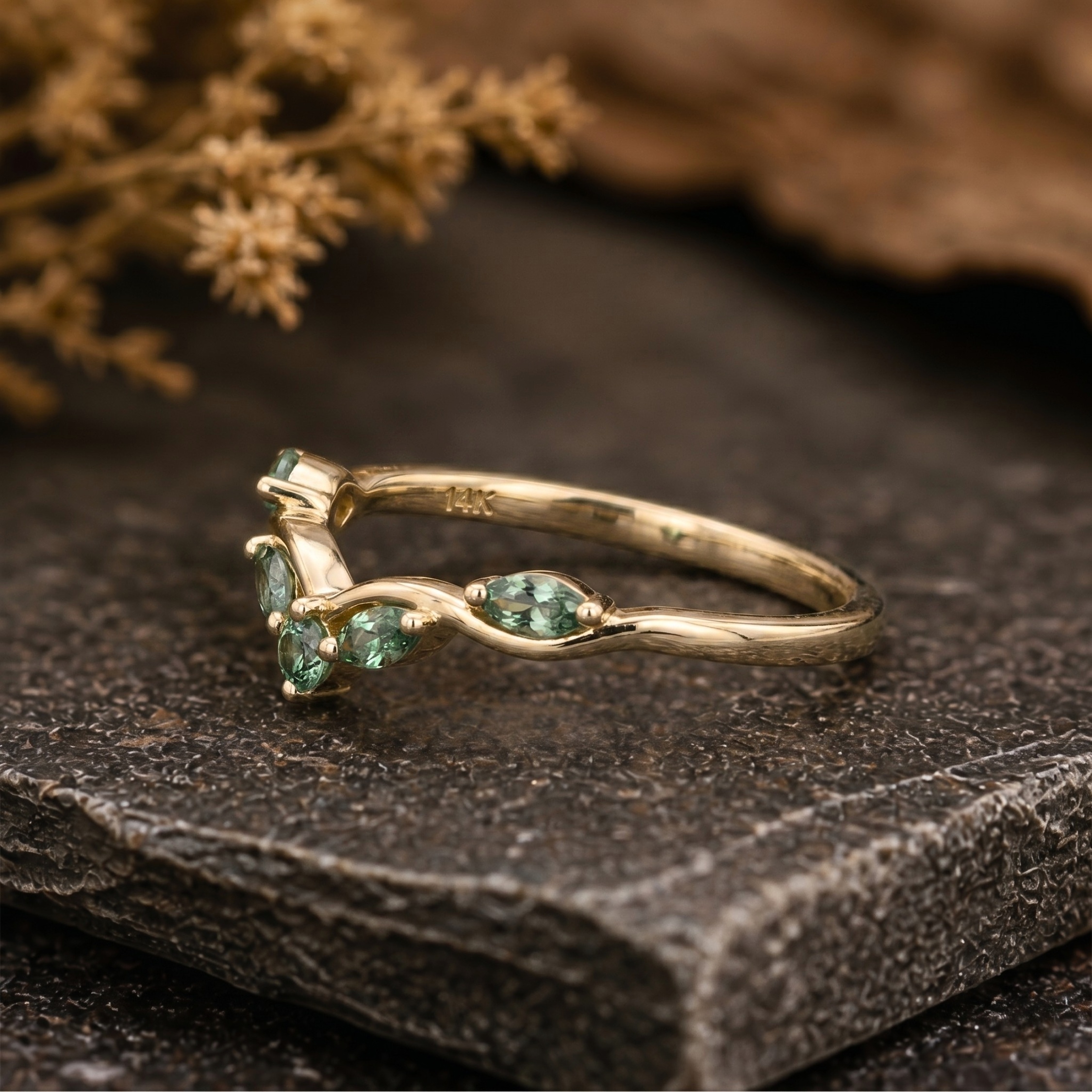 Marquise Cut Green Sapphire Curved Wedding Band/14k Yellow Gold Engagement Ring/Cluster Teal sapphire Matching ring/Anniversary Promise ring