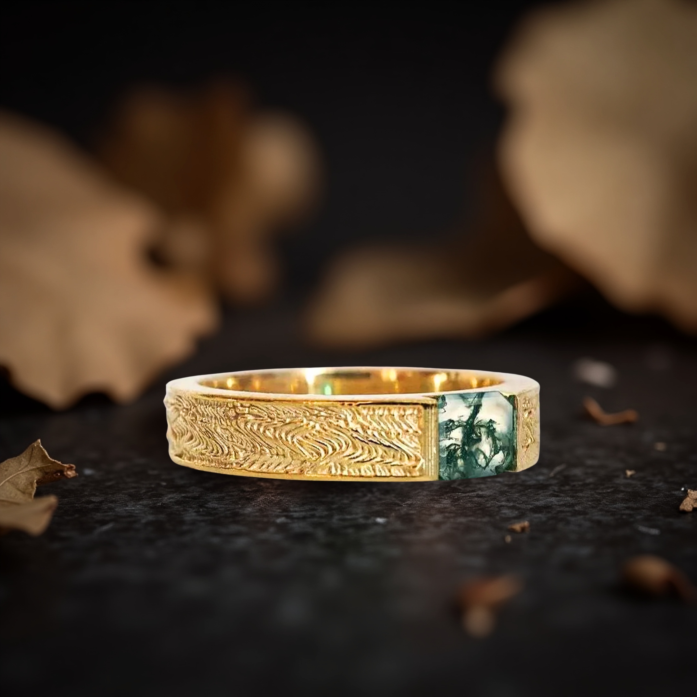 Handmade Emerald Cut Moss Agate Wedding Band, 14k Solid Gold Nature Inspired Leaf Design Ring