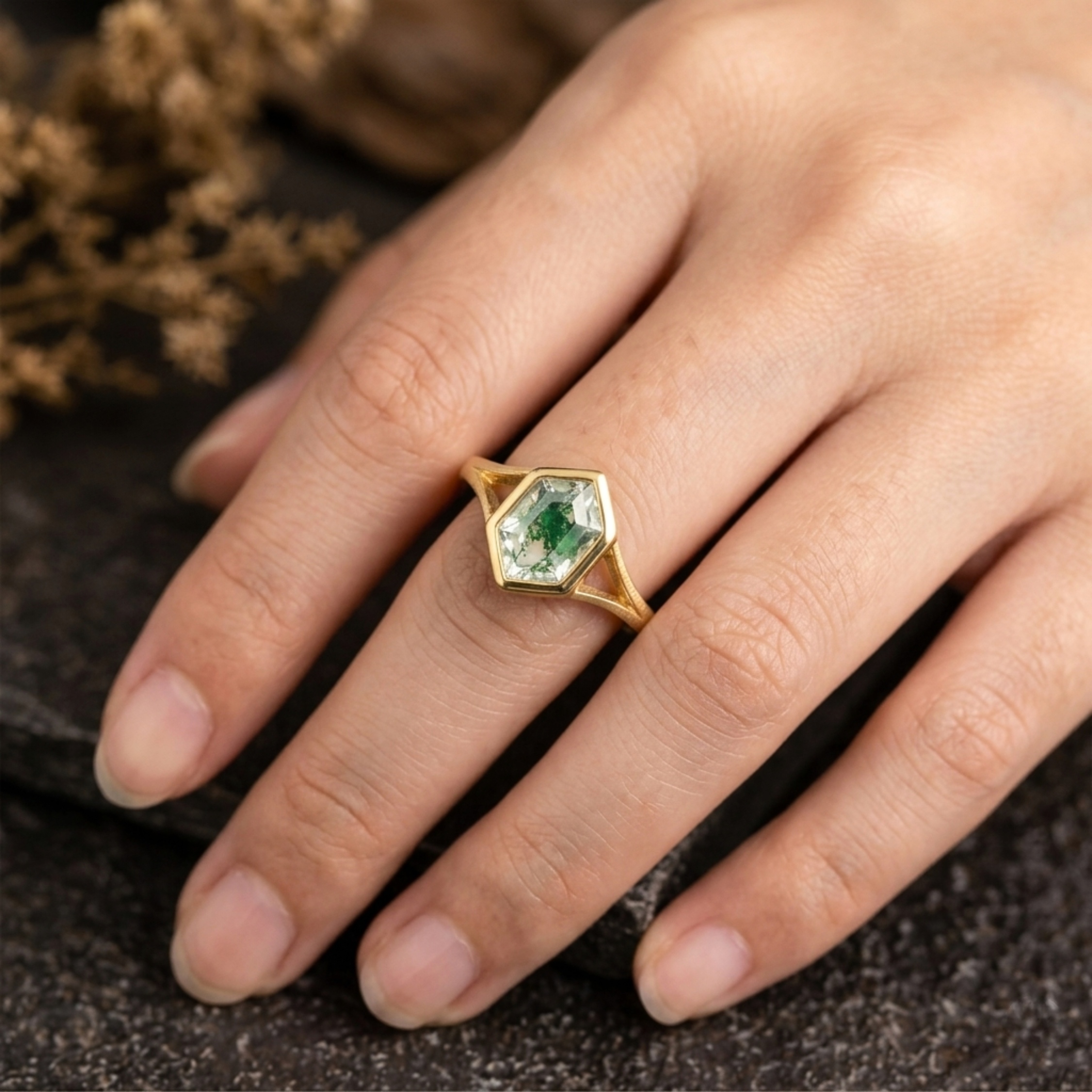 Vintage Art Deco Bezel Setting Moss Agate Ring, 14k Yellow Gold Promise Ring, Hexagon Cut Green Agate Engagement Ring, Promise Bridal Gift