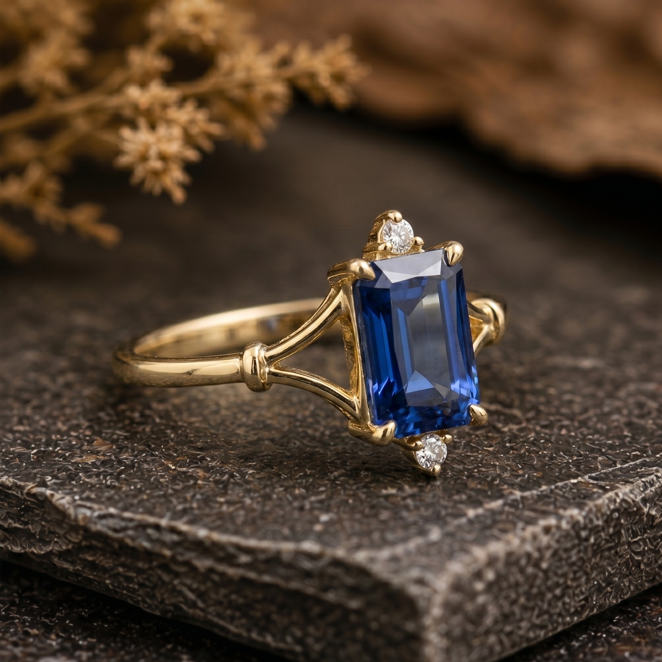 Emerald Cut Sapphire Wedding Ring, Natural Sapphire Moissanite Engagement Ring Real Vintage Bridal Jewelry, Anniversary Birthday Luxury Gift