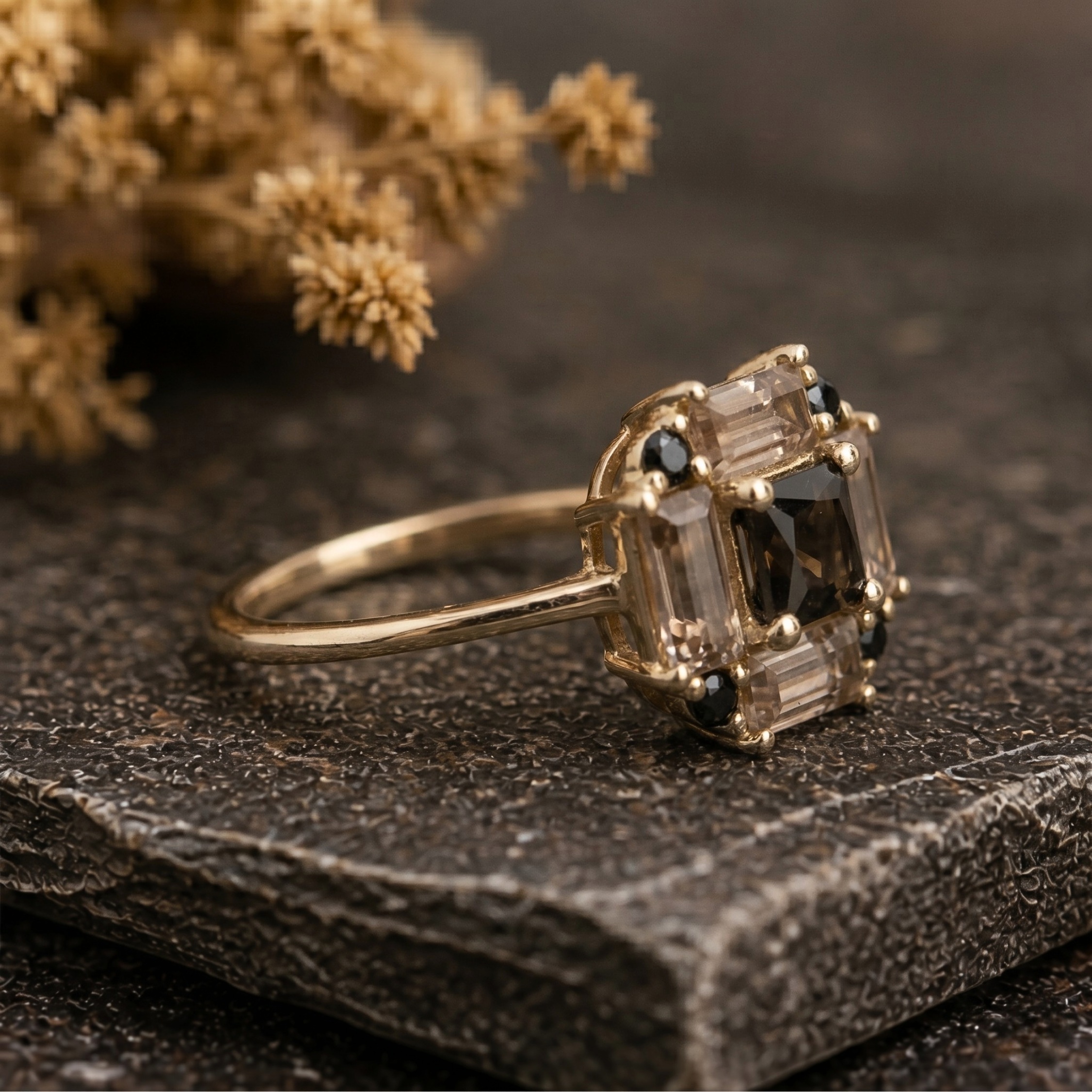 Natural Black Onyx & Smokey Quartz Engagement Ring/Art Deco Minimalist Onyx-Quartz Gemstone Jewelry/Black-Gemstone Anniversary Gift For Her