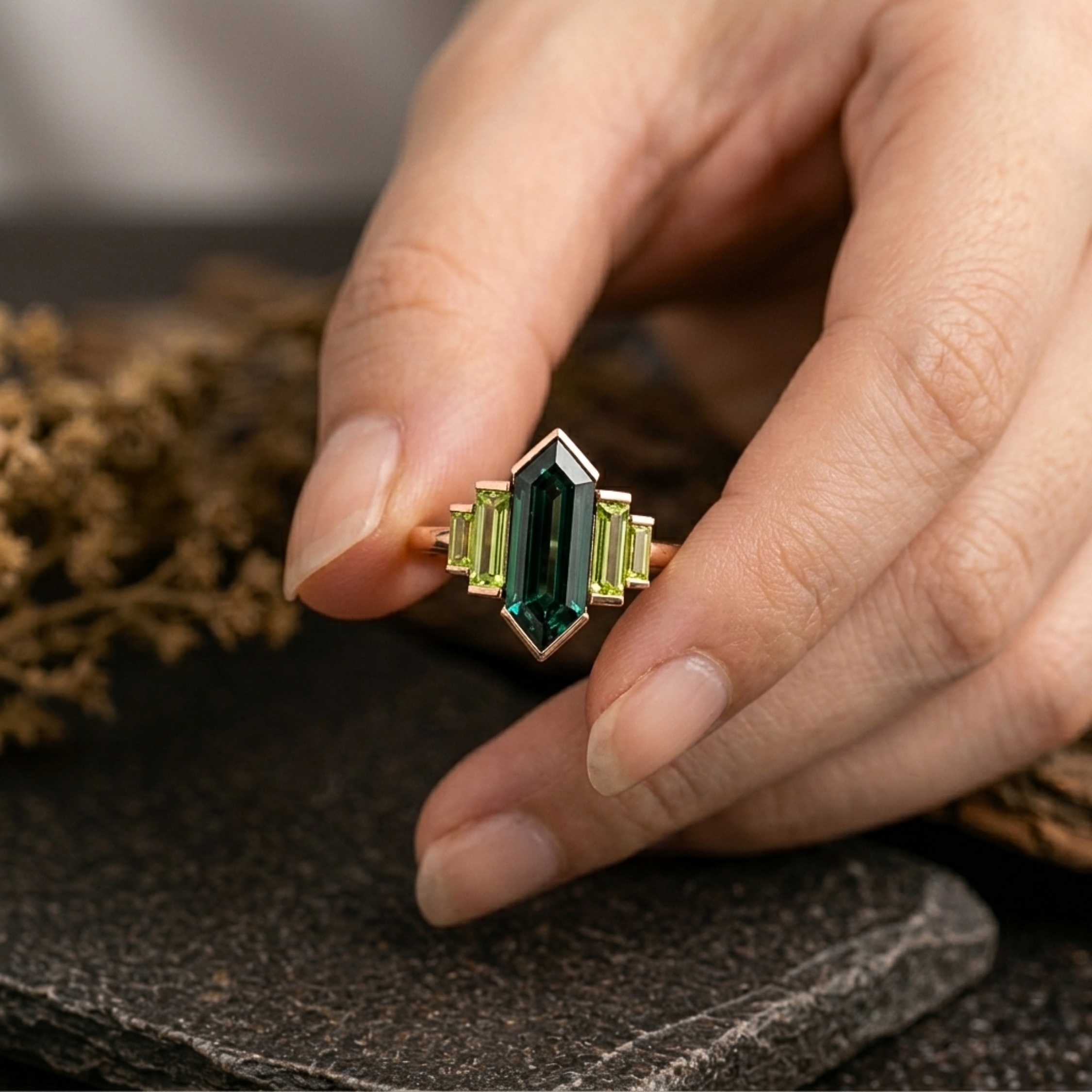 Vintage Hexagon Cut Green Emerald & Baguette Cut Peridot Wedding Ring, 18K Rose Gold Engagement Ring, Promise Bridal Jewelry Gift For Women