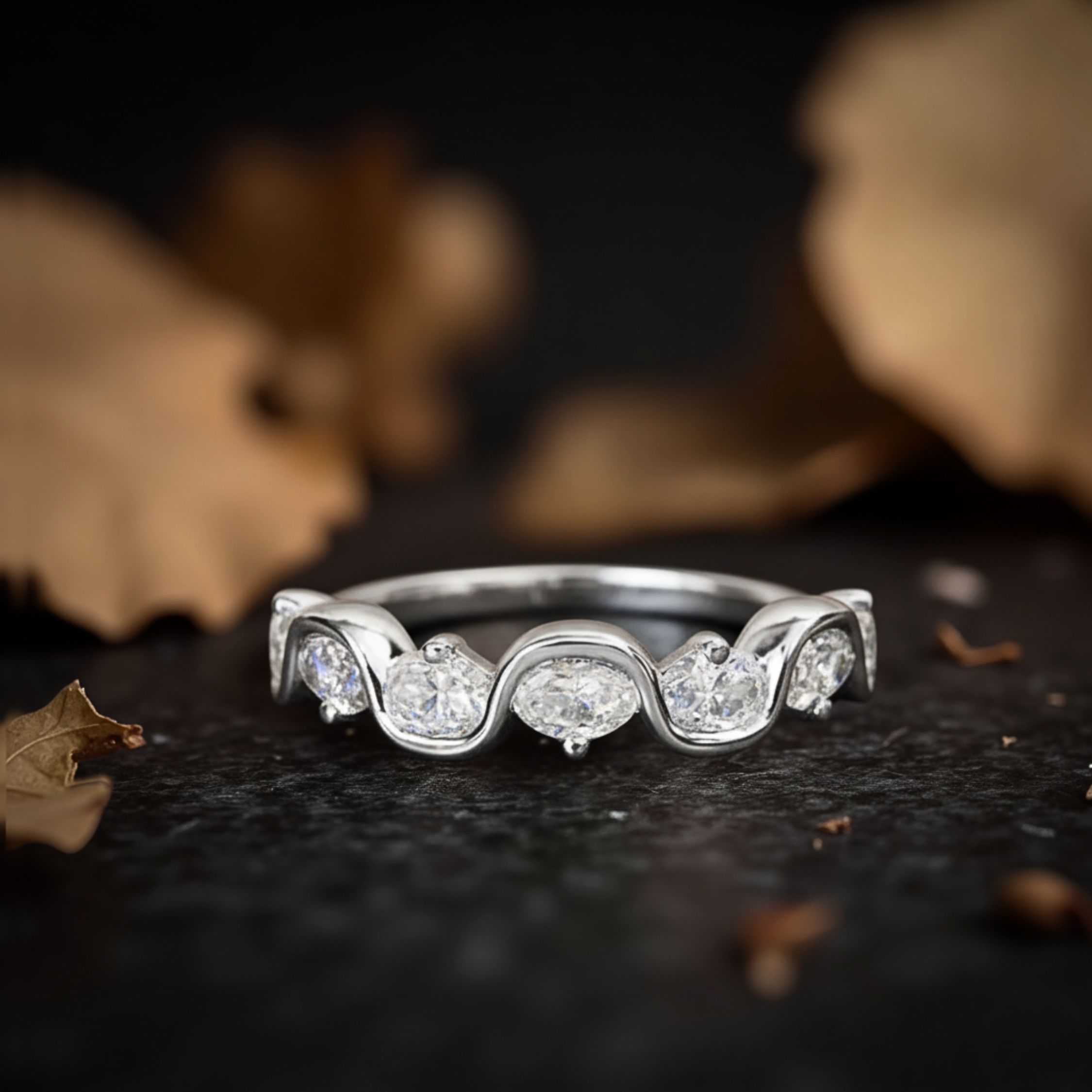 Oval Moissanite Wedding Band Alternating Solid Gold Eternity Band Dainty Stackable Minimalist Ring Bridal Anniversary Band Wave Diamond Band