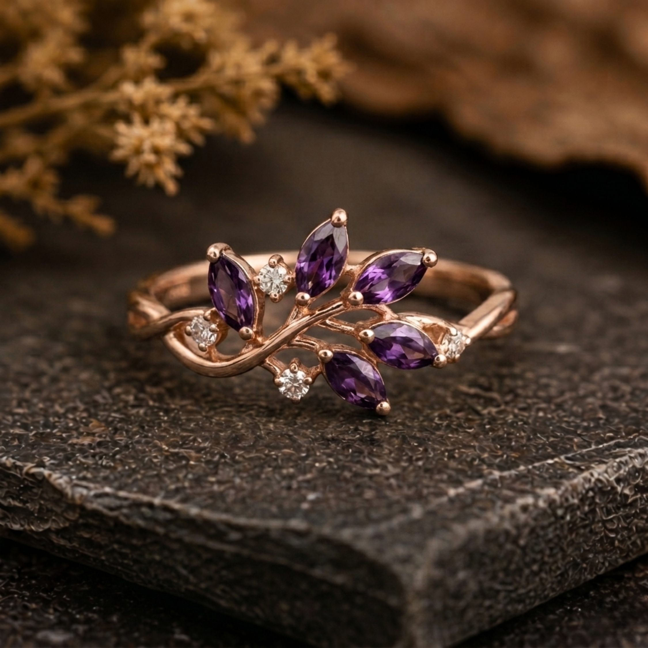 Vintage Purple Amethyst Engagement Ring, Amethyst 14K Wedding Ring, Bohemian Nature Inspired Engagement Ring, Diamond Ring, Anniversary Gift