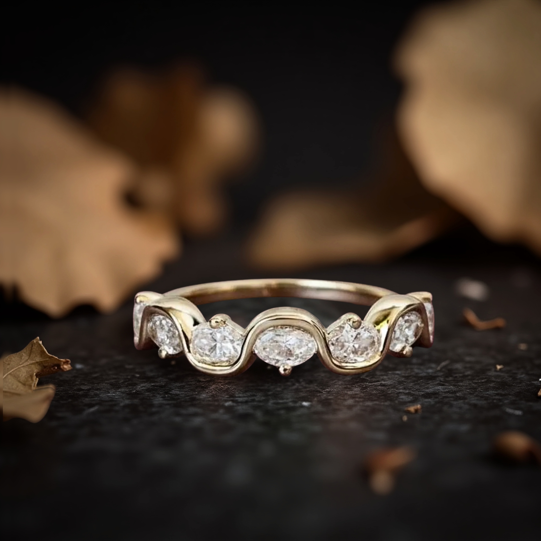 Oval Moissanite Wedding Band Alternating Solid Gold Eternity Band Dainty Stackable Minimalist Ring Bridal Anniversary Band Wave Diamond Band