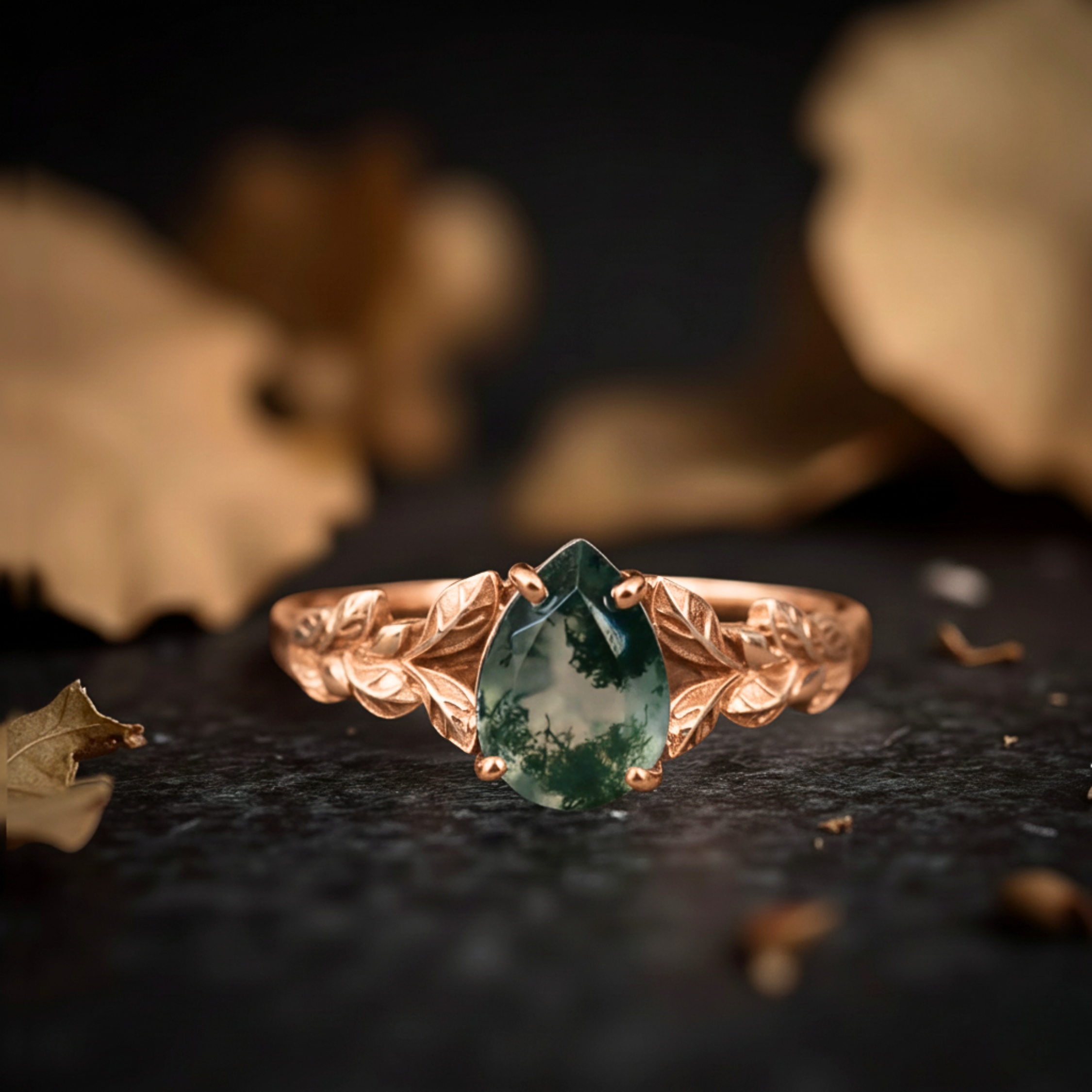 Vintage Drop Moss Agate Engagement Ring, Art deco Leaf Promise Ring, 14k Gold Branches Nature Inspired Ring, Anniversary Gift