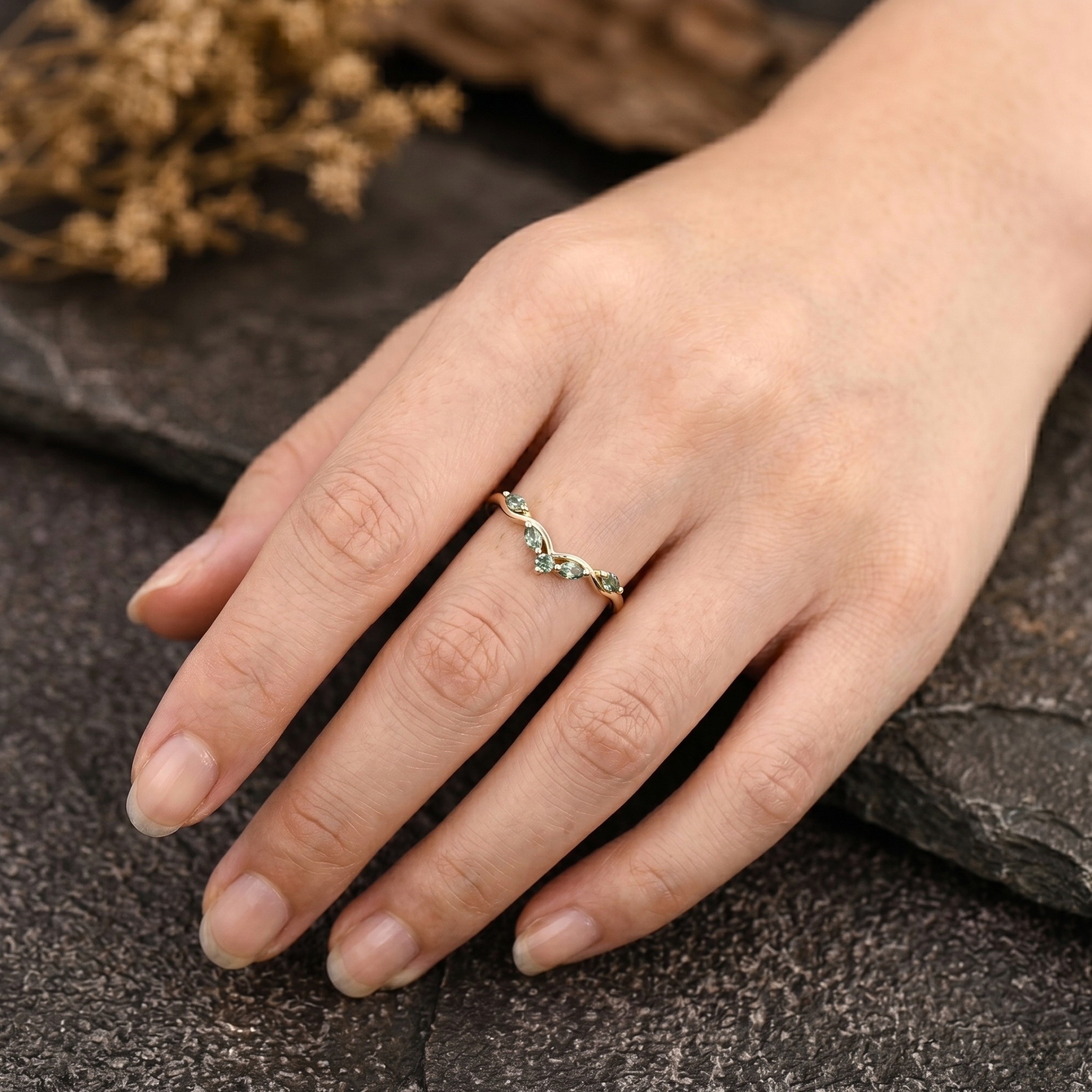 Marquise Cut Green Sapphire Curved Wedding Band/14k Yellow Gold Engagement Ring/Cluster Teal sapphire Matching ring/Anniversary Promise ring